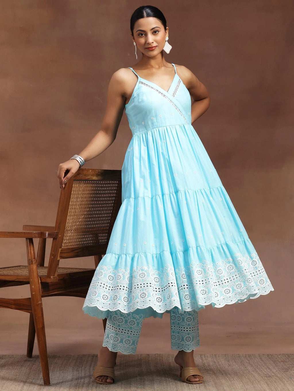 Blue Self Design Cotton Anarkali Kurta With Trousers