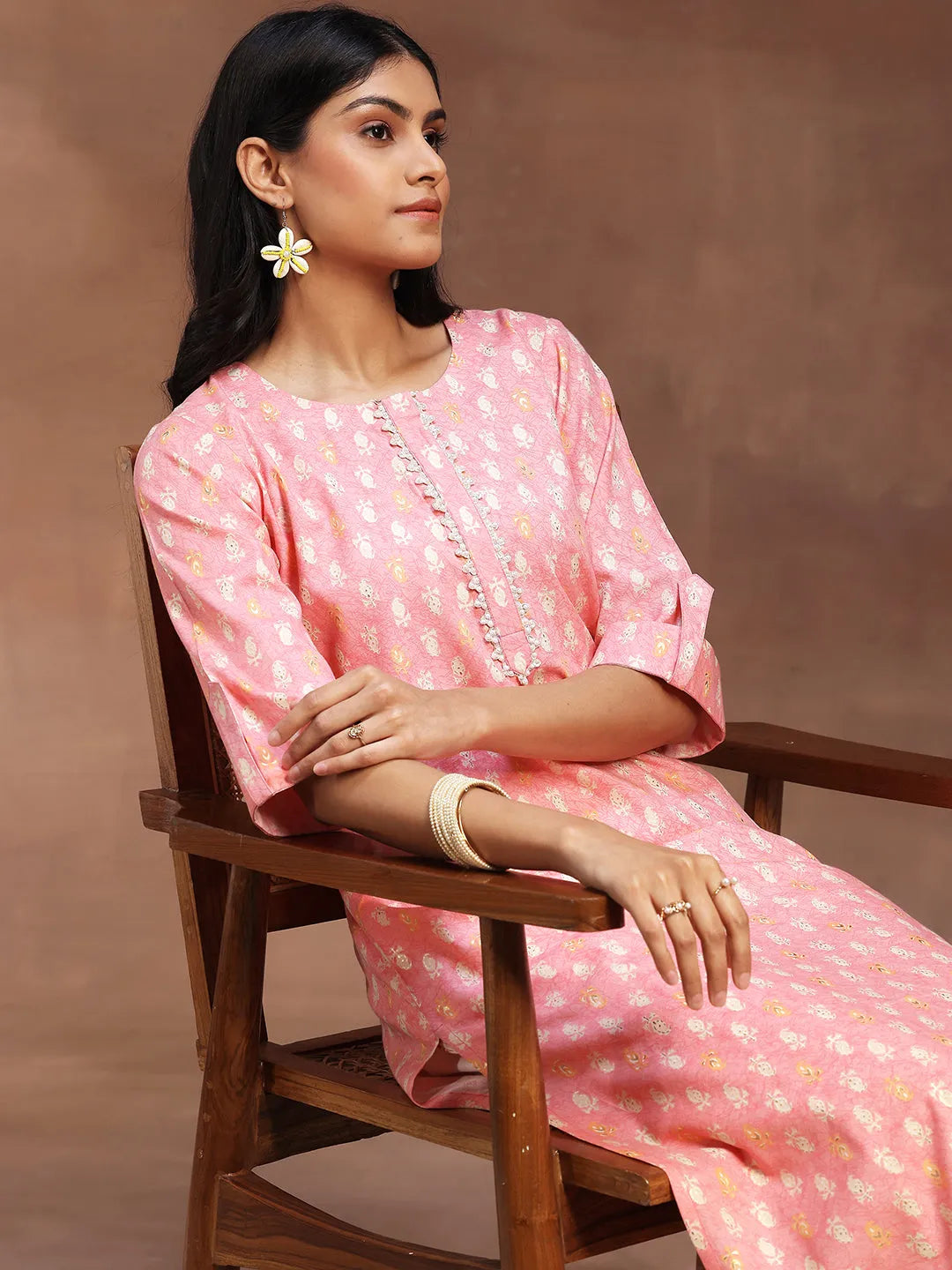 Peach Printed Cotton Blend Straight Kurta With Palazzos
