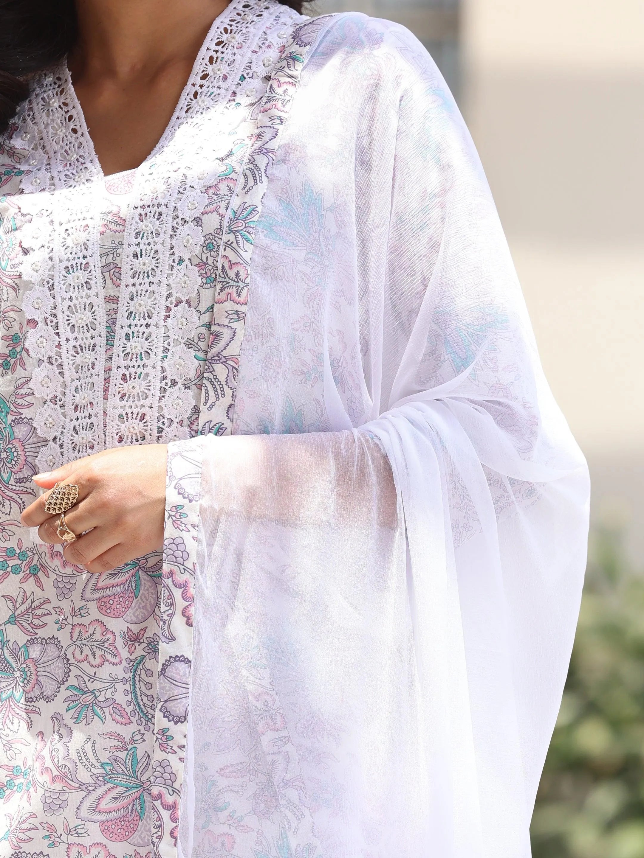 Off White Printed Cotton Straight Suit With Dupatta