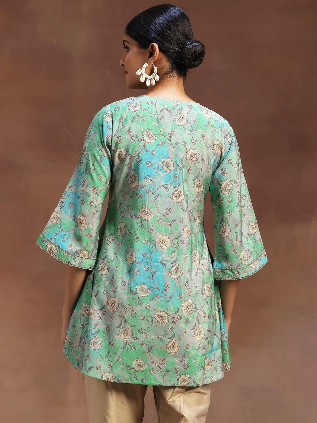 Green Printed Silk Blend A-Line Kurti