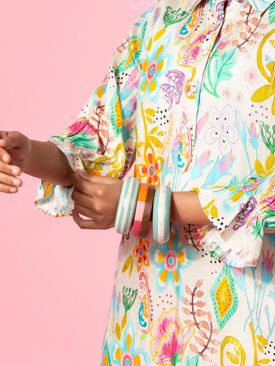 Cream Printed Silk Blend Co-Ords