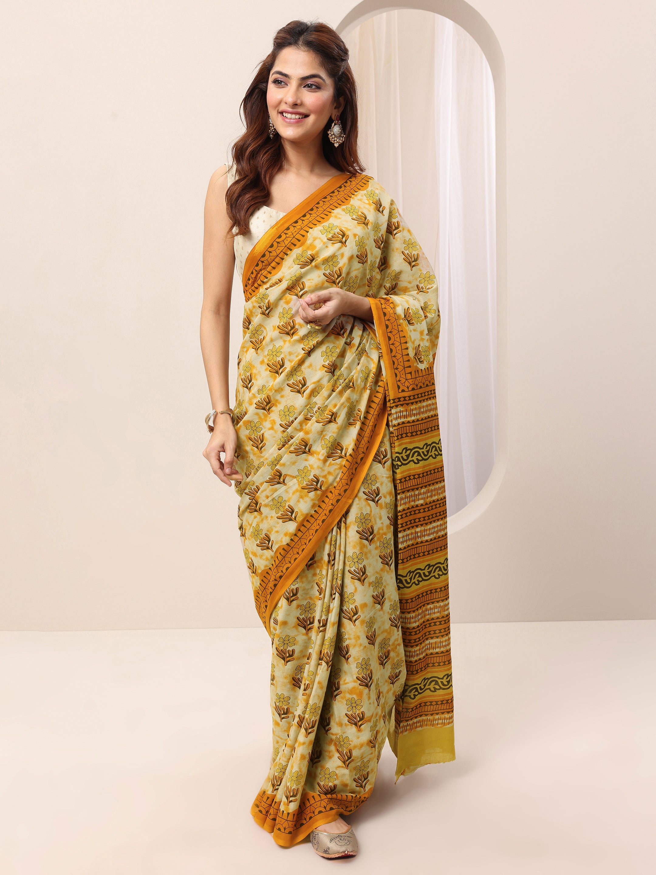 Mustard Printed Cotton Saree With Unstitched Blouse