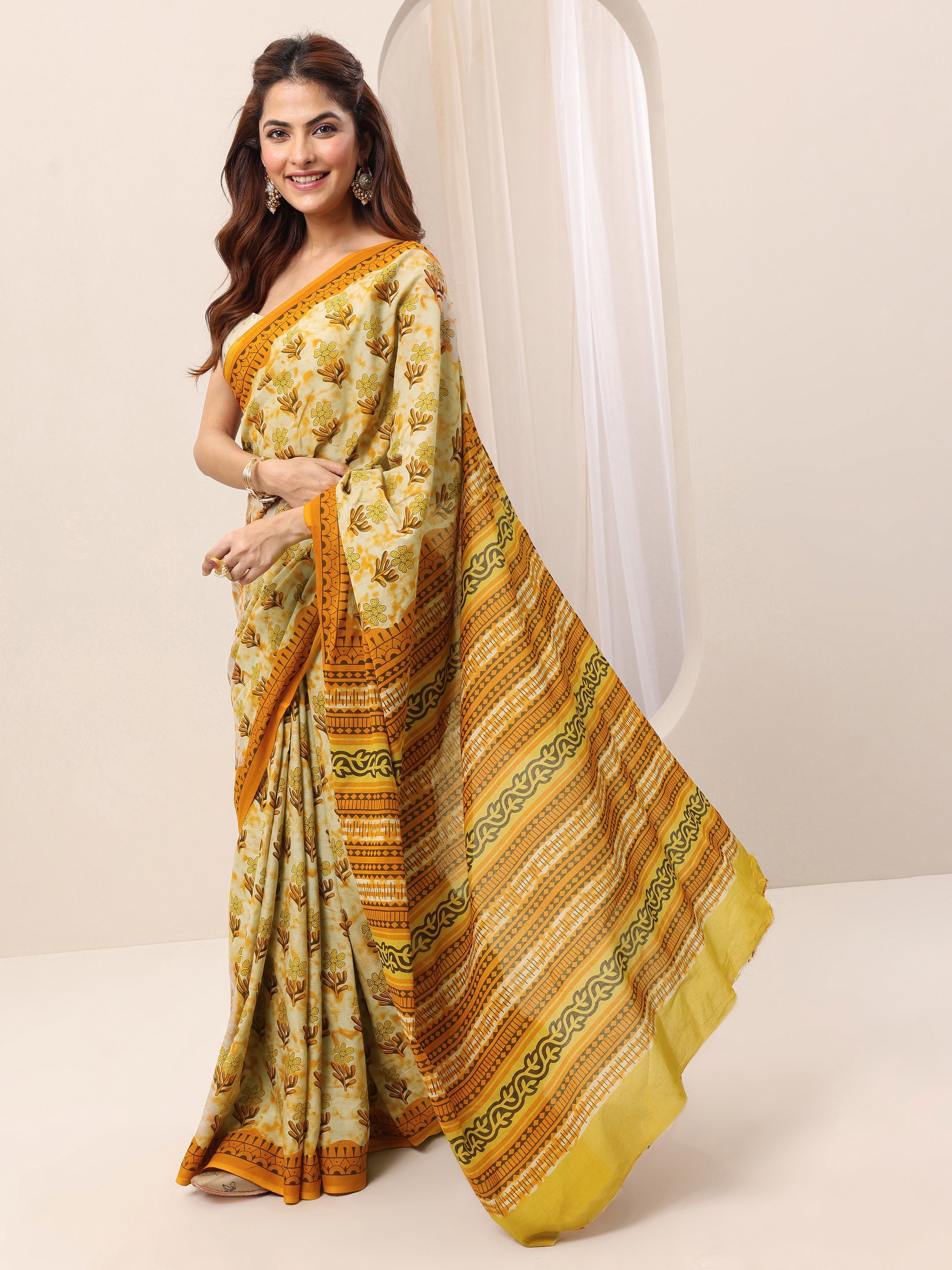 Mustard Printed Cotton Saree With Unstitched Blouse