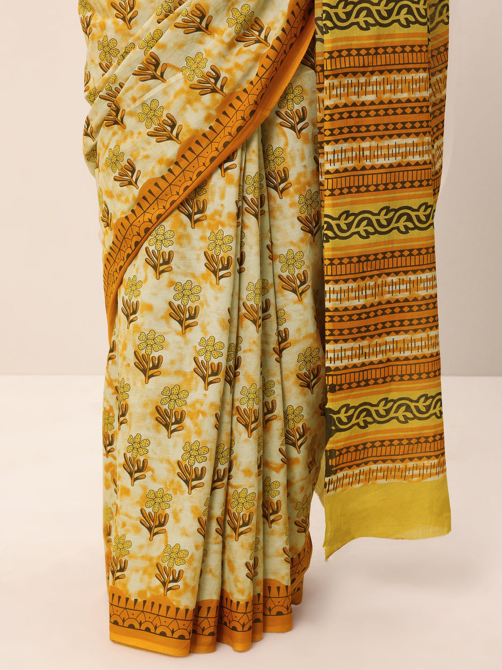 Mustard Printed Cotton Saree With Unstitched Blouse