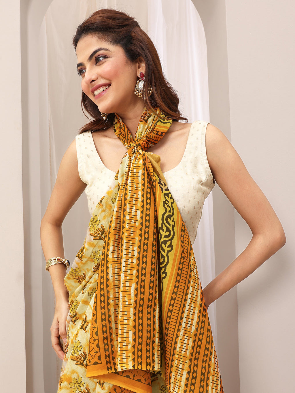 Mustard Printed Cotton Saree With Unstitched Blouse