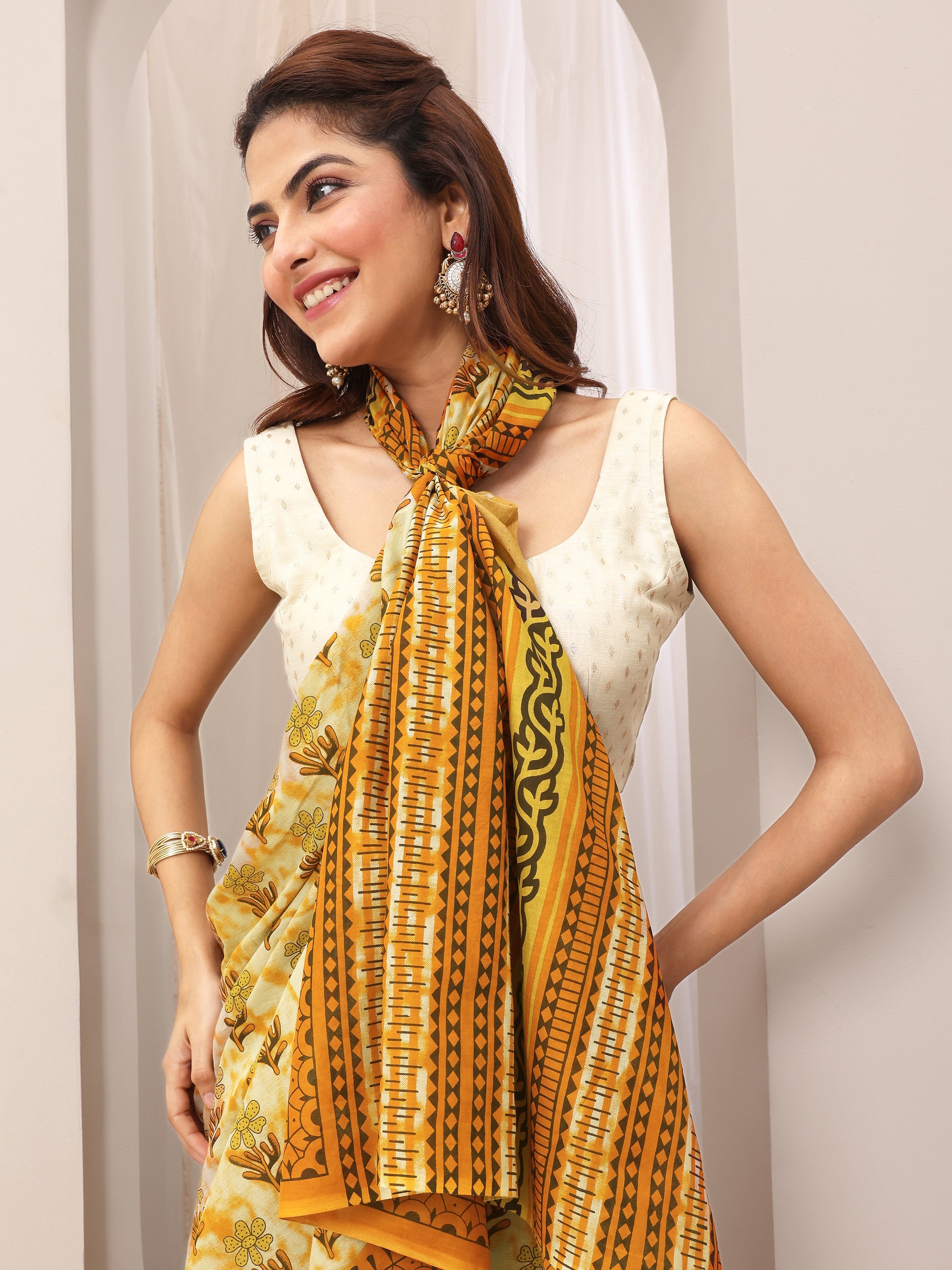 Mustard Printed Cotton Saree With Unstitched Blouse