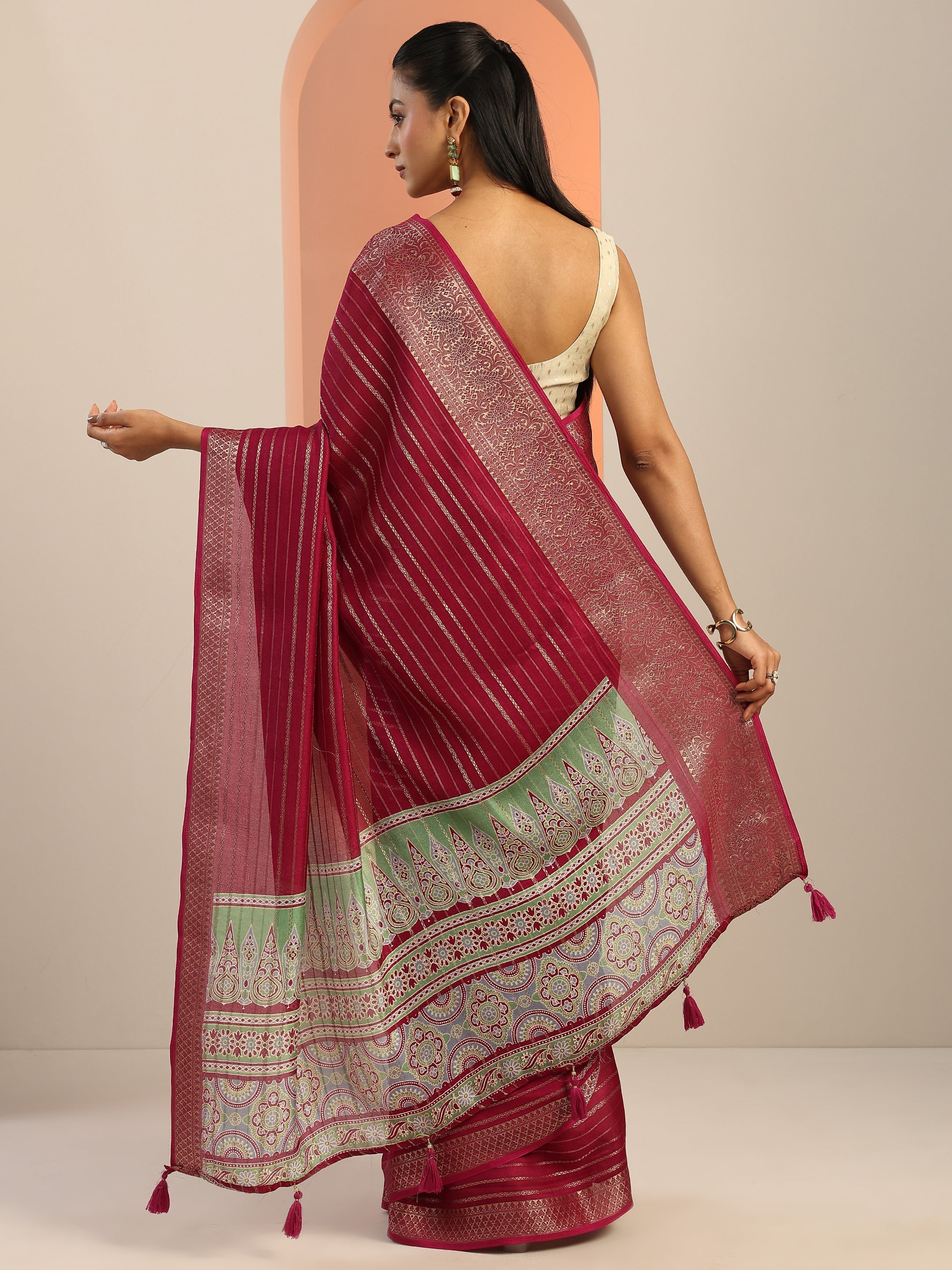 Burgundy Woven Design Georgette Saree With Unstitched Blouse Piece