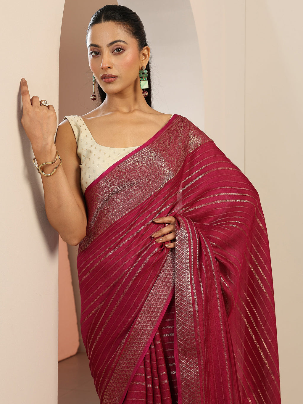 Burgundy Woven Design Georgette Saree With Unstitched Blouse Piece