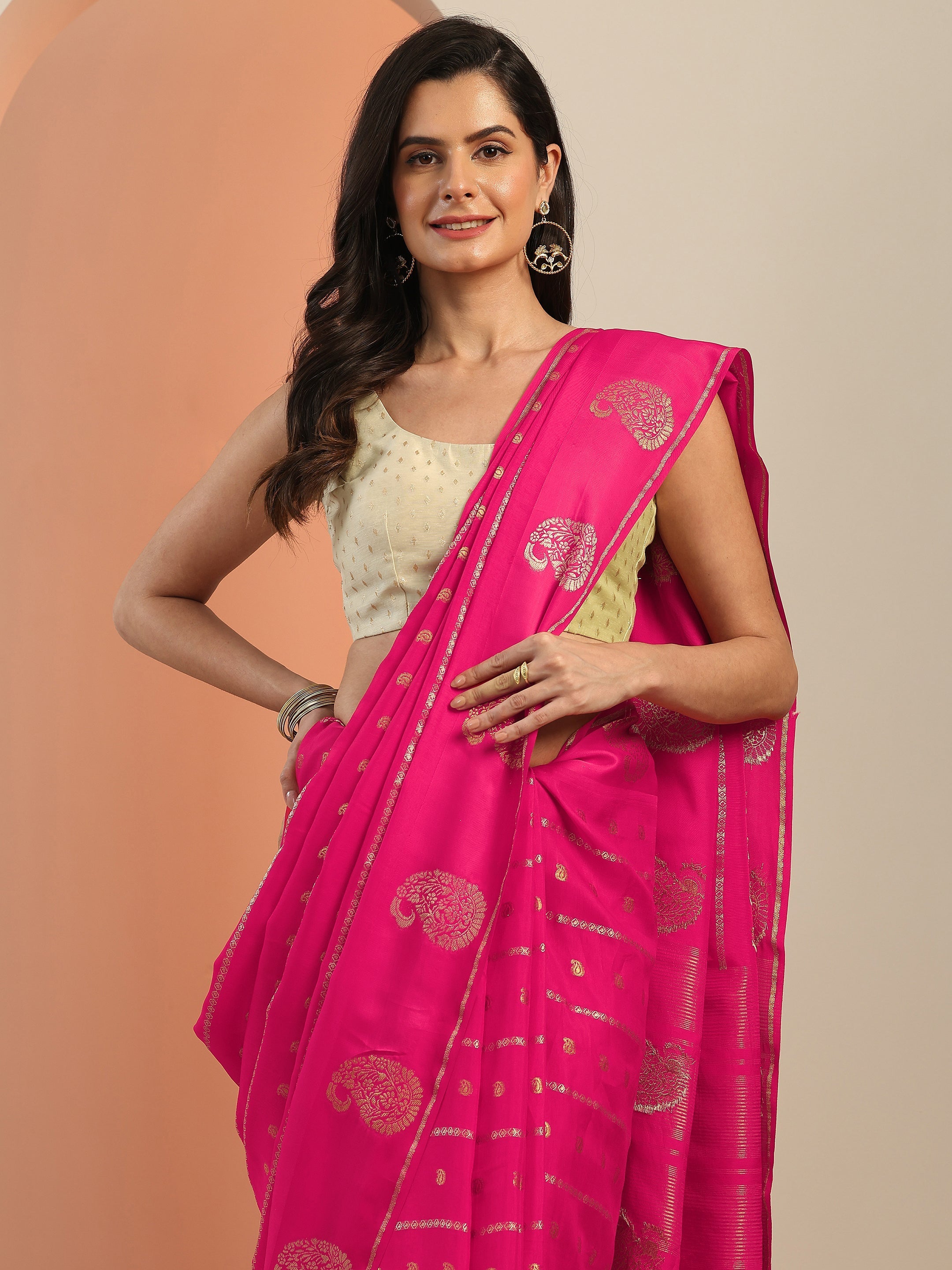 Pink Woven Design Silk Blend Saree With Unstitched Blouse Piece