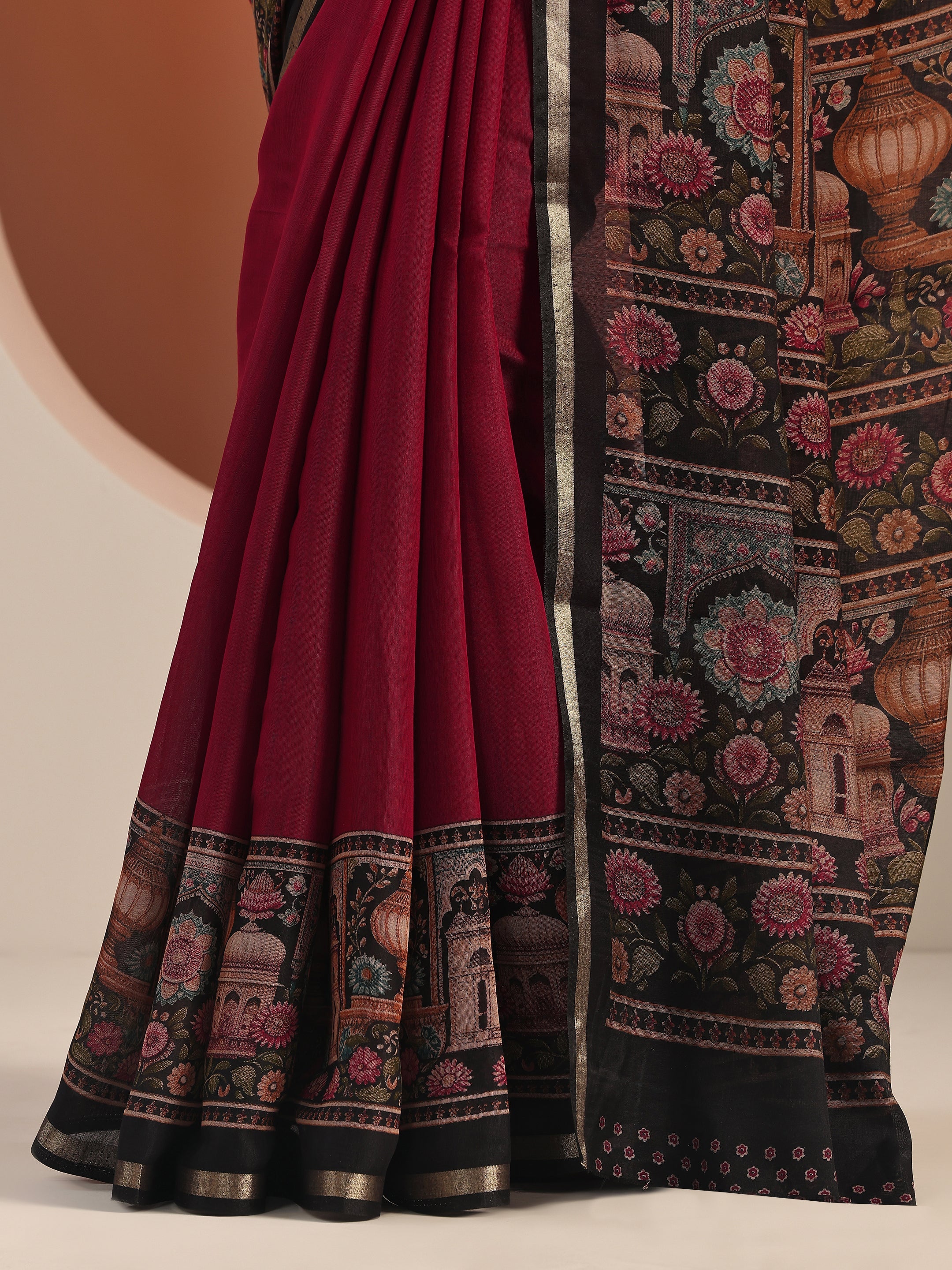 Maroon Solid Cotton Blend Saree With Unstitched Blouse Piece