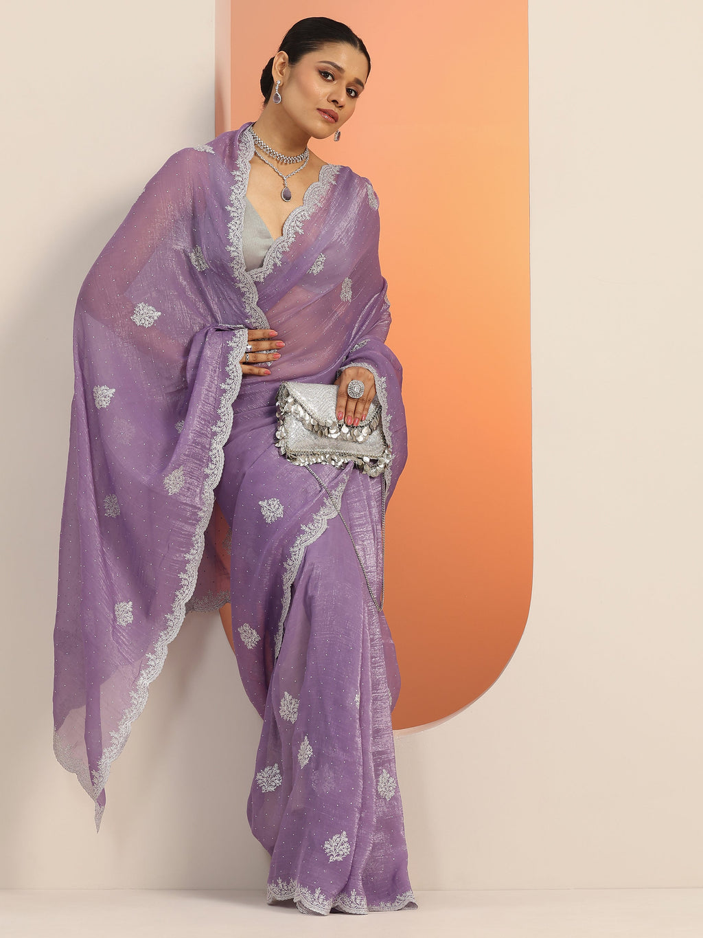 Lavender Embellished Silk blend Saree With Unstitched Blouse Piece