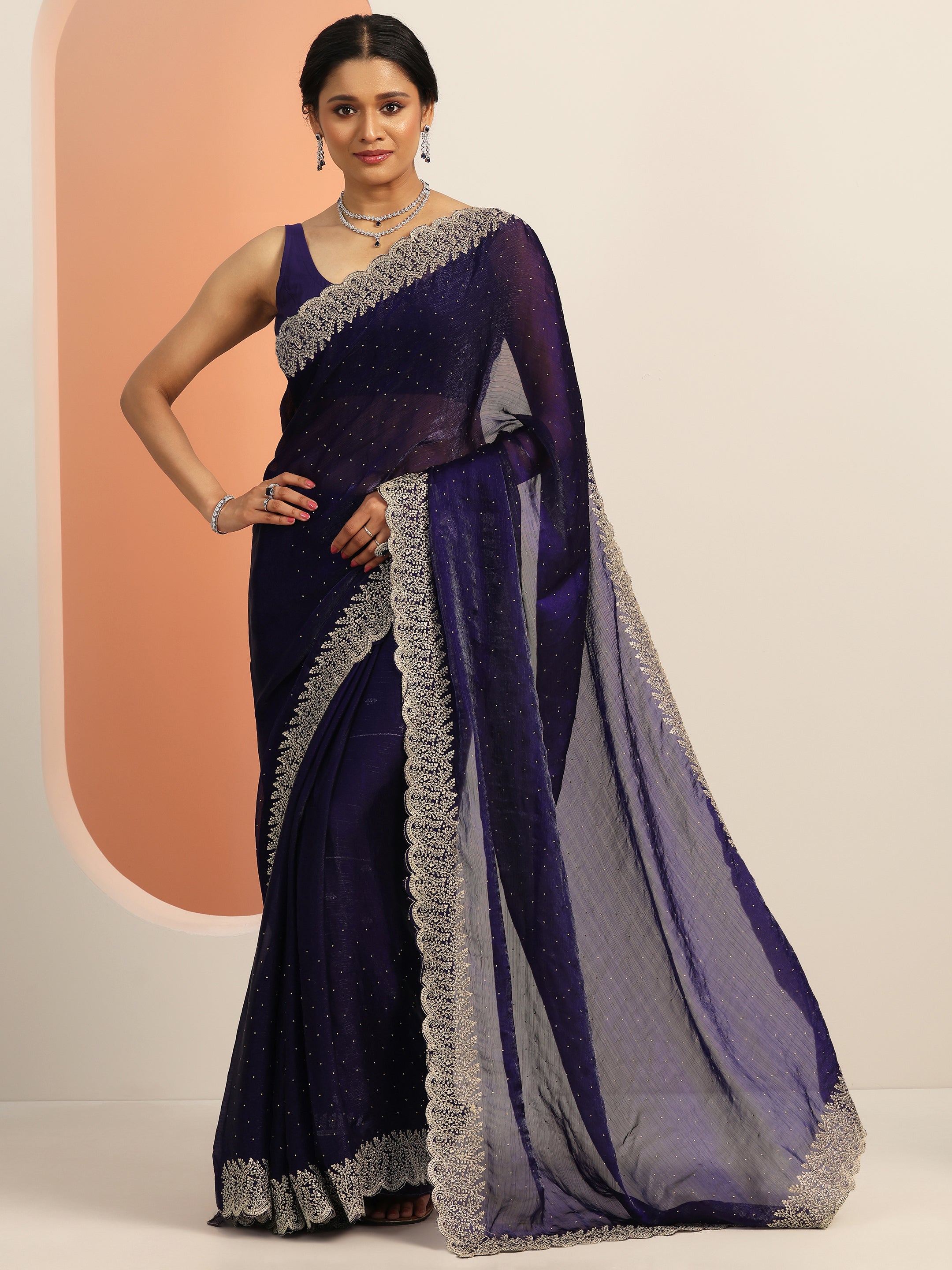Navy blue Embellished Chiffon Saree With Unstitched Blouse Piece