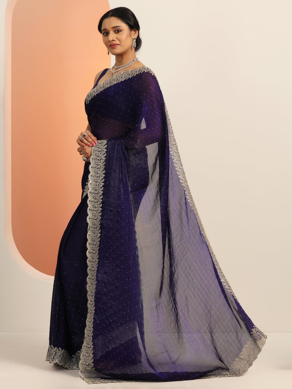Navy blue Embellished Chiffon Saree With Unstitched Blouse Piece