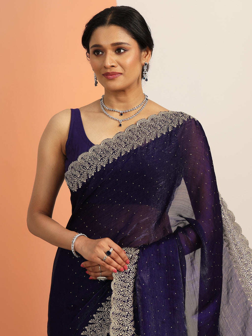 Navy blue Embellished Chiffon Saree With Unstitched Blouse Piece