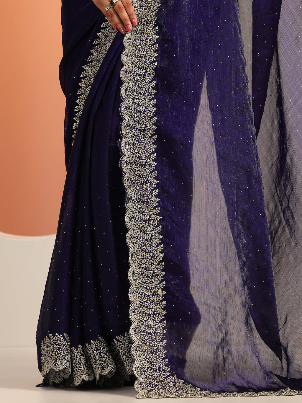 Navy blue Embellished Chiffon Saree With Unstitched Blouse Piece