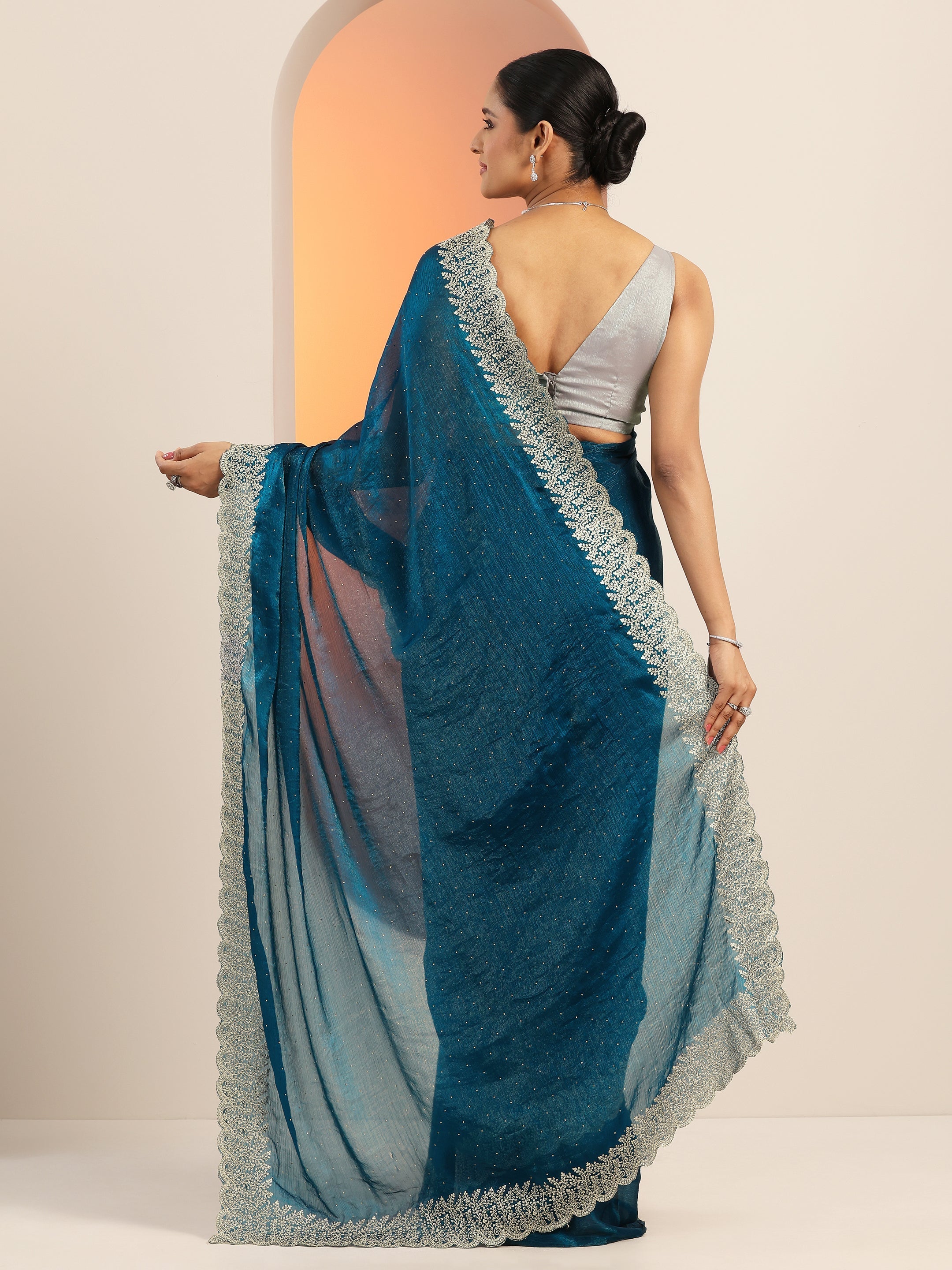 Blue Embellished Chiffon Saree With Unstitched Blouse Piece