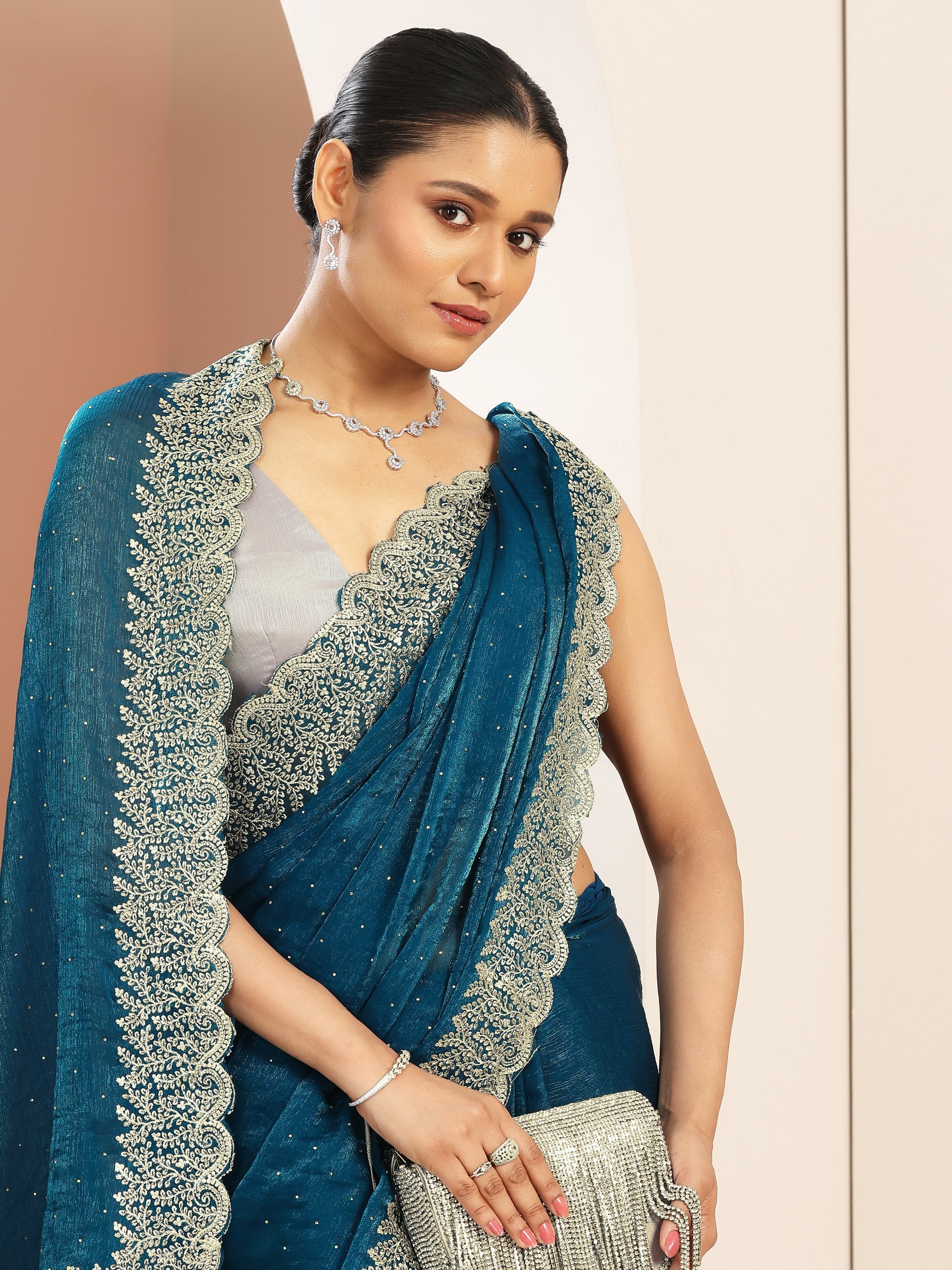 Blue Embellished Chiffon Saree With Unstitched Blouse Piece