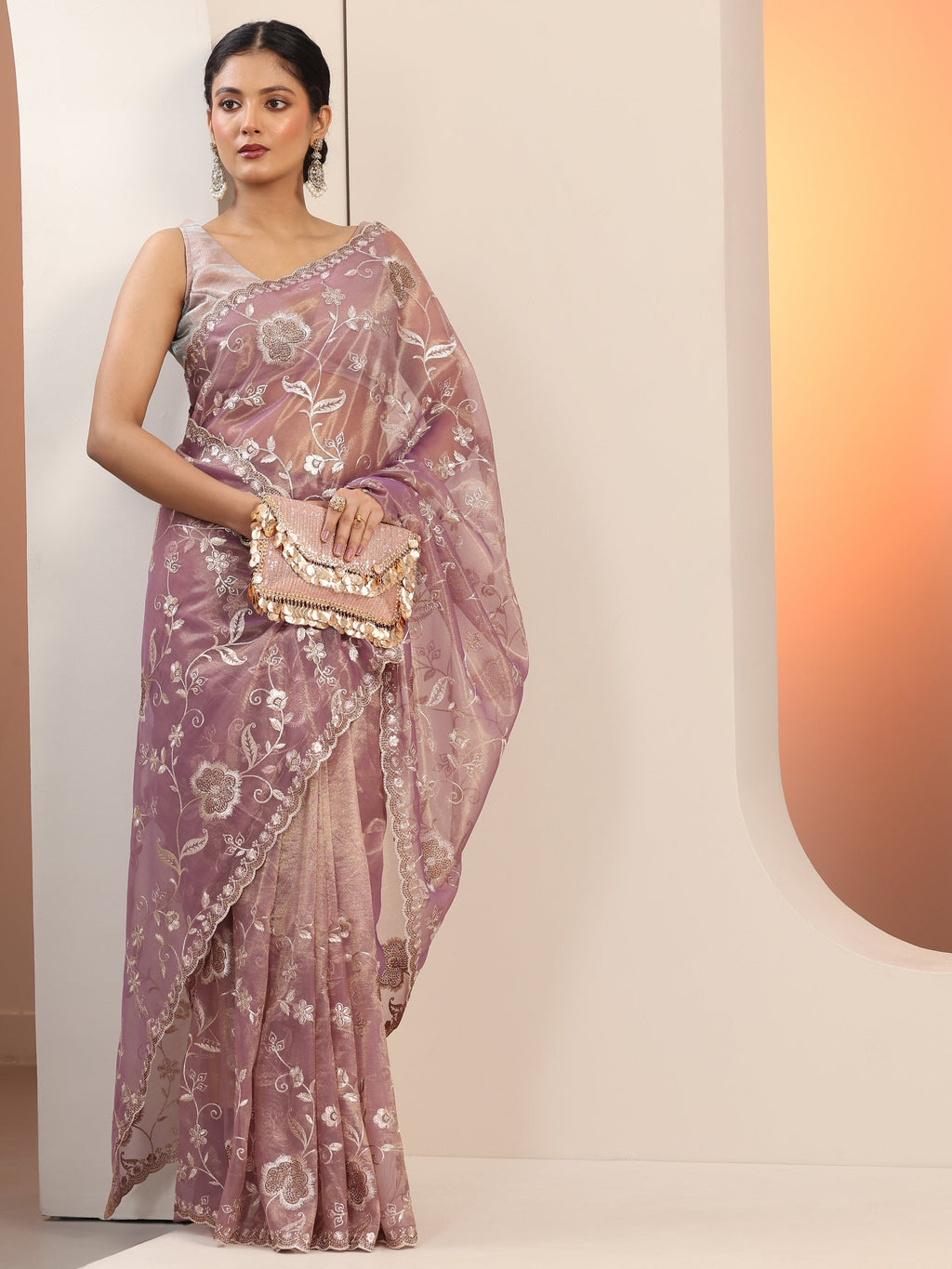 Mauve Embroidered Nylon Saree With Unstitched Blouse Piece