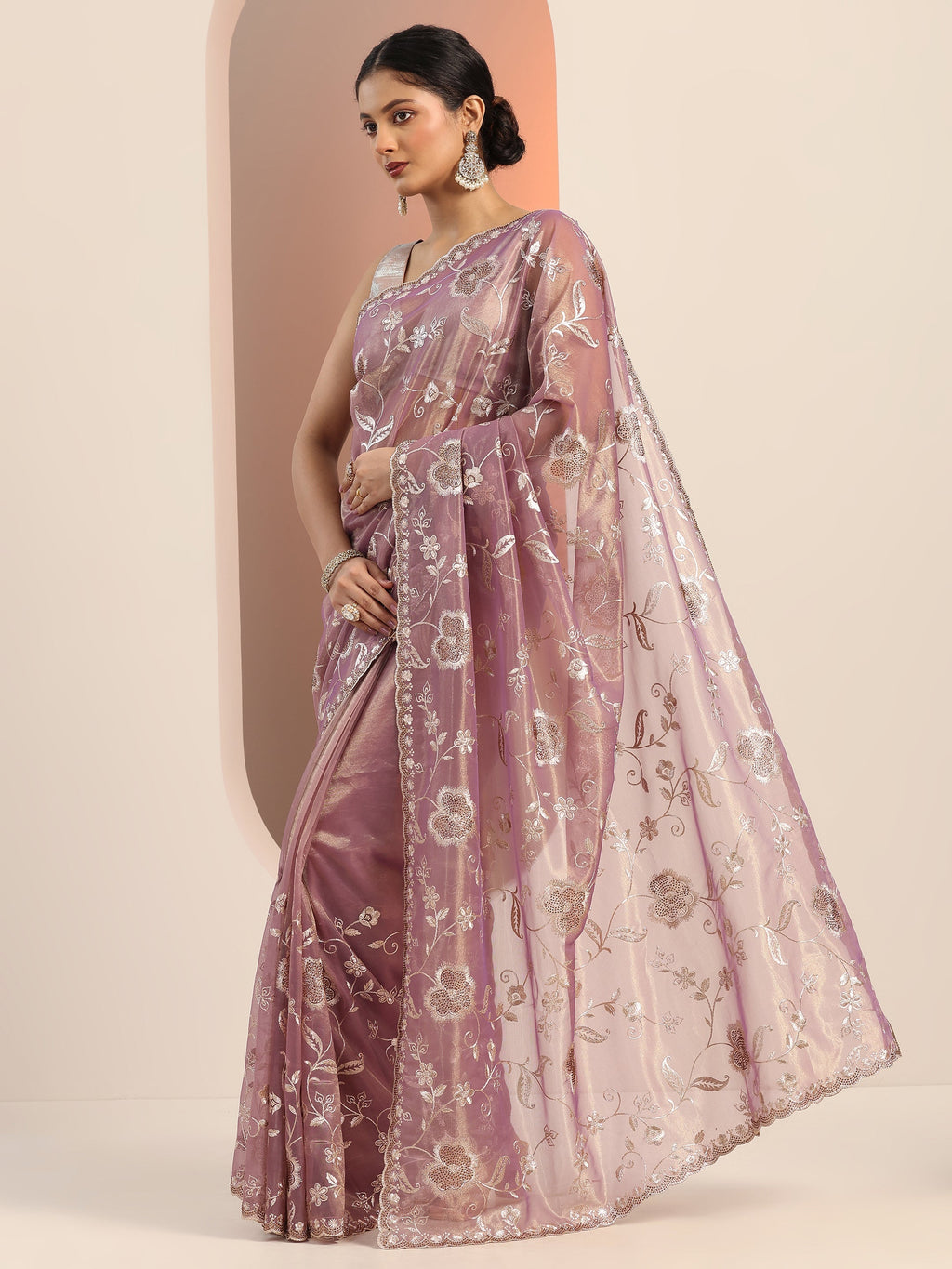 Mauve Embroidered Nylon Saree With Unstitched Blouse Piece