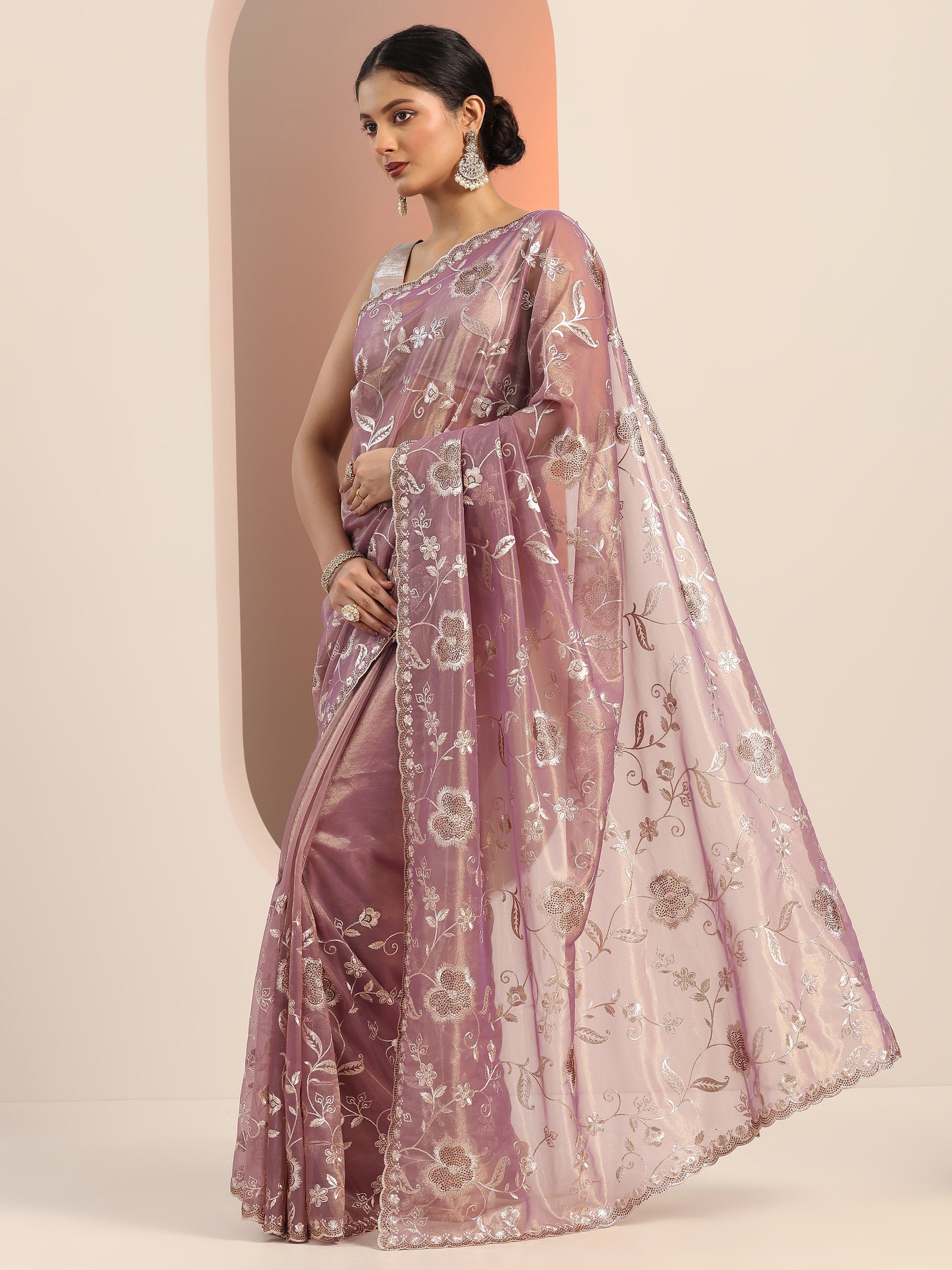 Mauve Embroidered Nylon Saree With Unstitched Blouse Piece