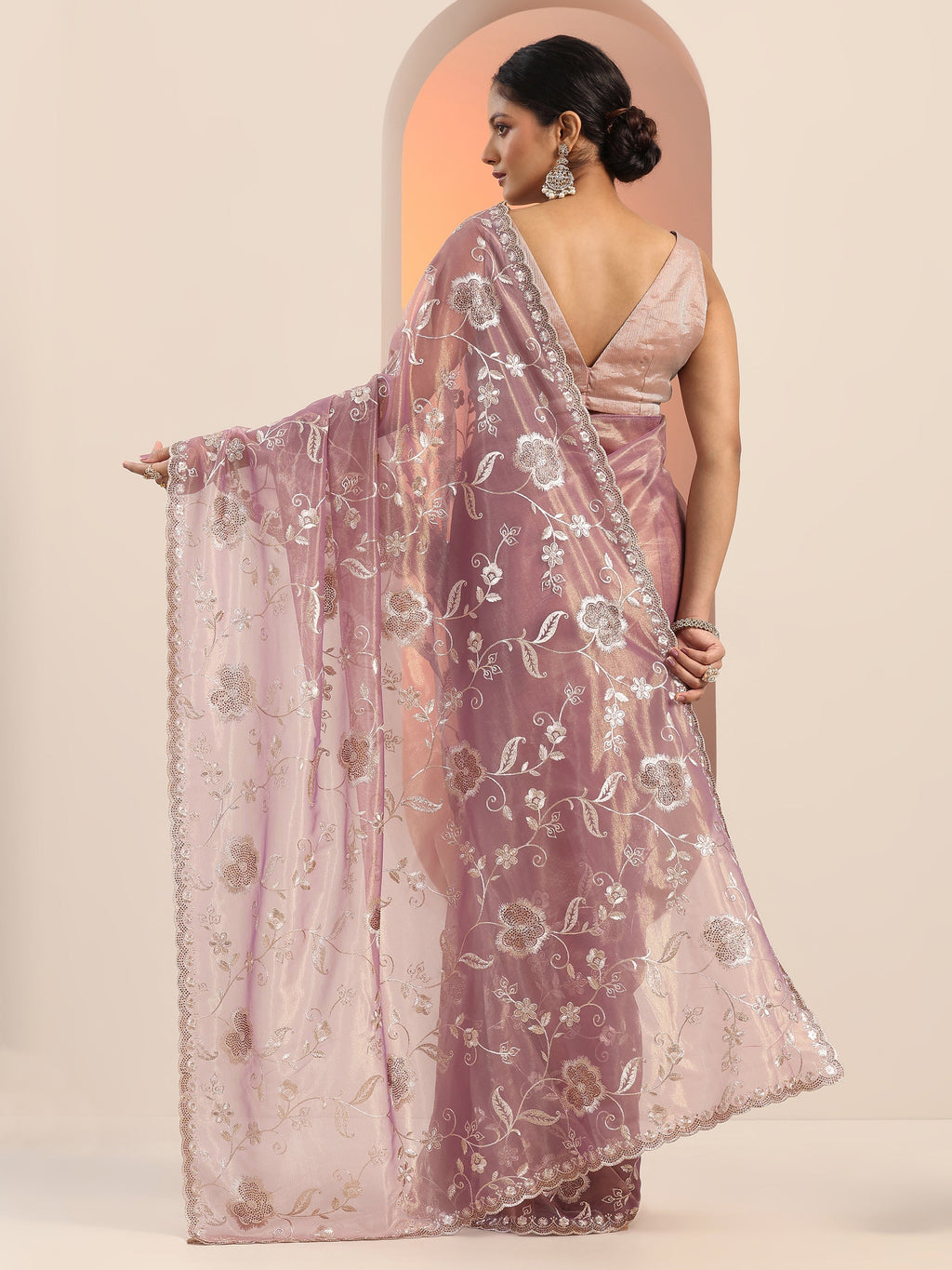 Mauve Embroidered Nylon Saree With Unstitched Blouse Piece
