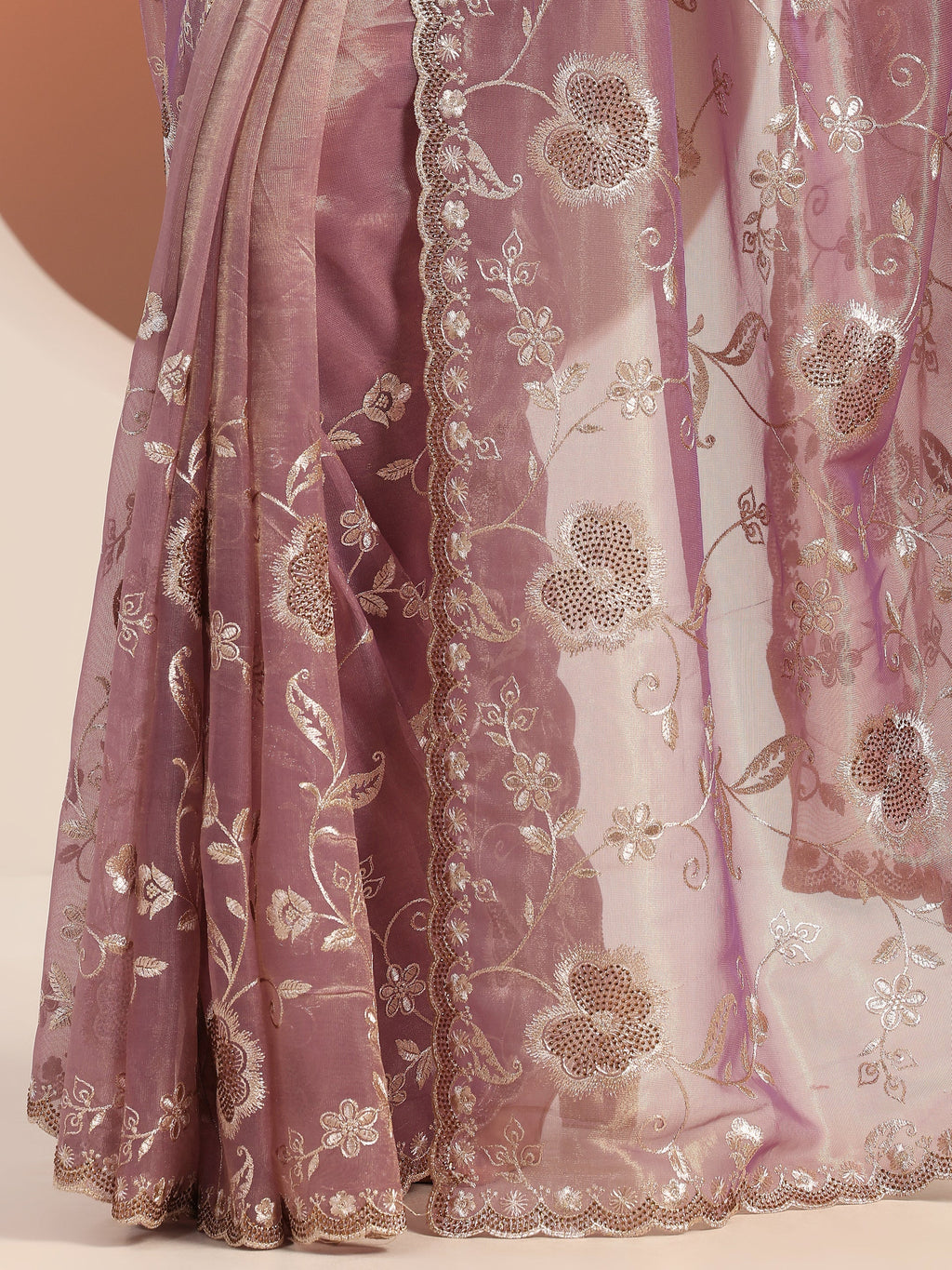 Mauve Embroidered Nylon Saree With Unstitched Blouse Piece