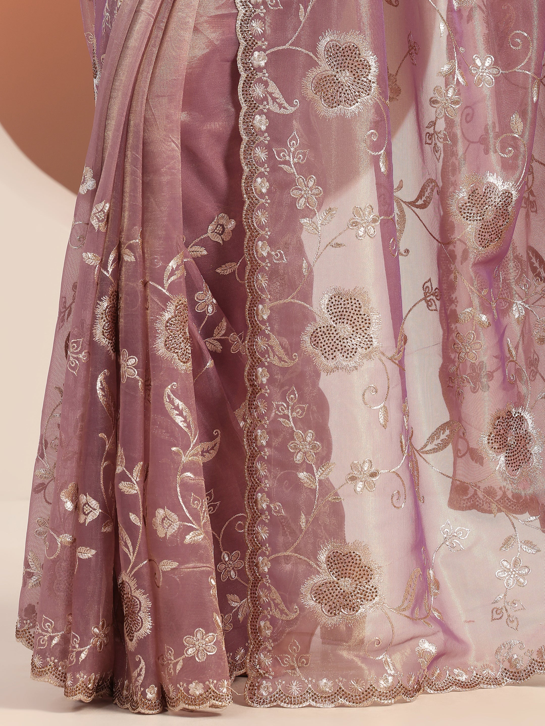 Mauve Embroidered Nylon Saree With Unstitched Blouse Piece