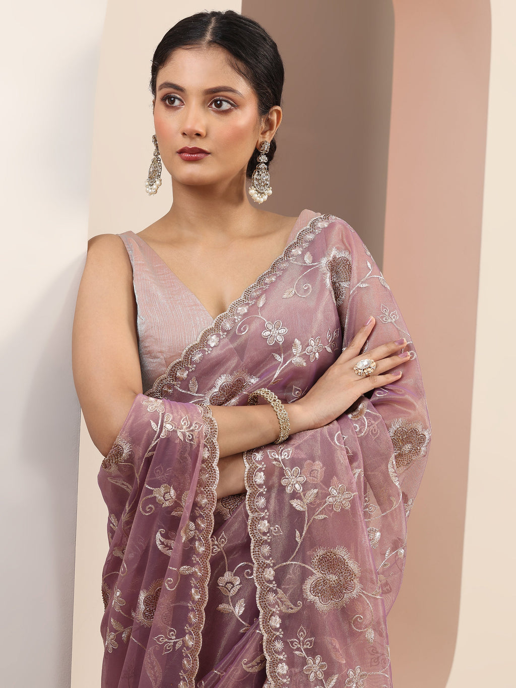 Mauve Embroidered Nylon Saree With Unstitched Blouse Piece