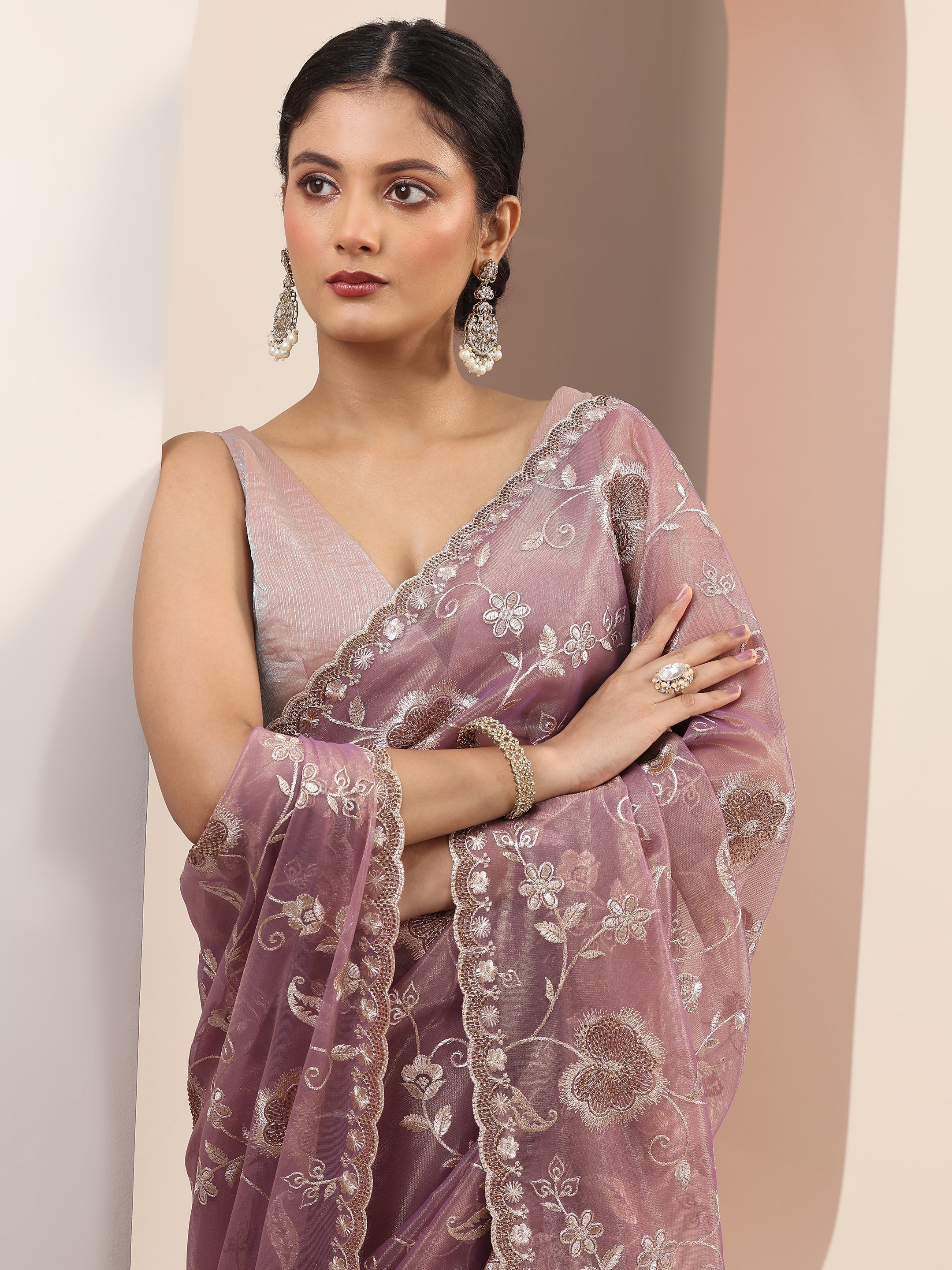 Mauve Embroidered Nylon Saree With Unstitched Blouse Piece