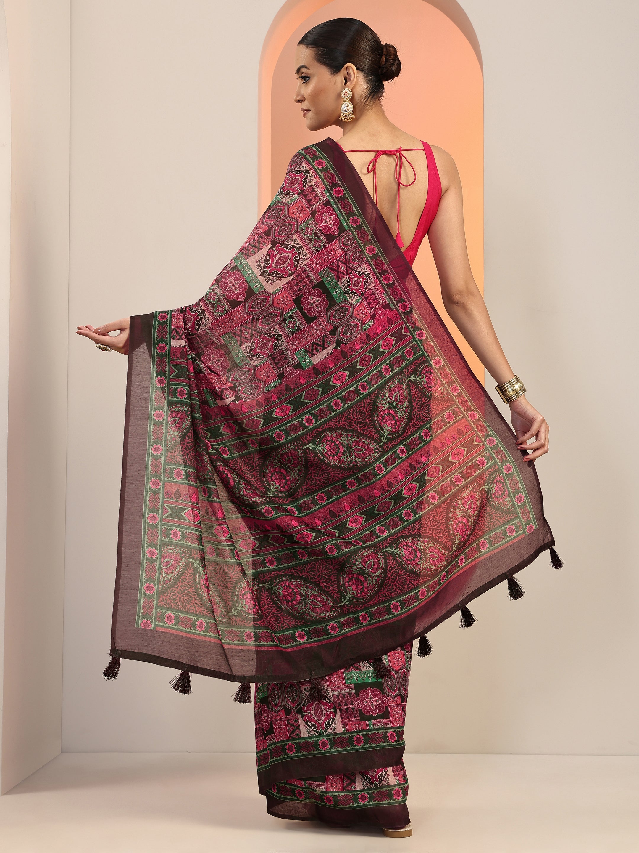 Multi Printed Silk Blend Saree With Unstitched Blouse Piece