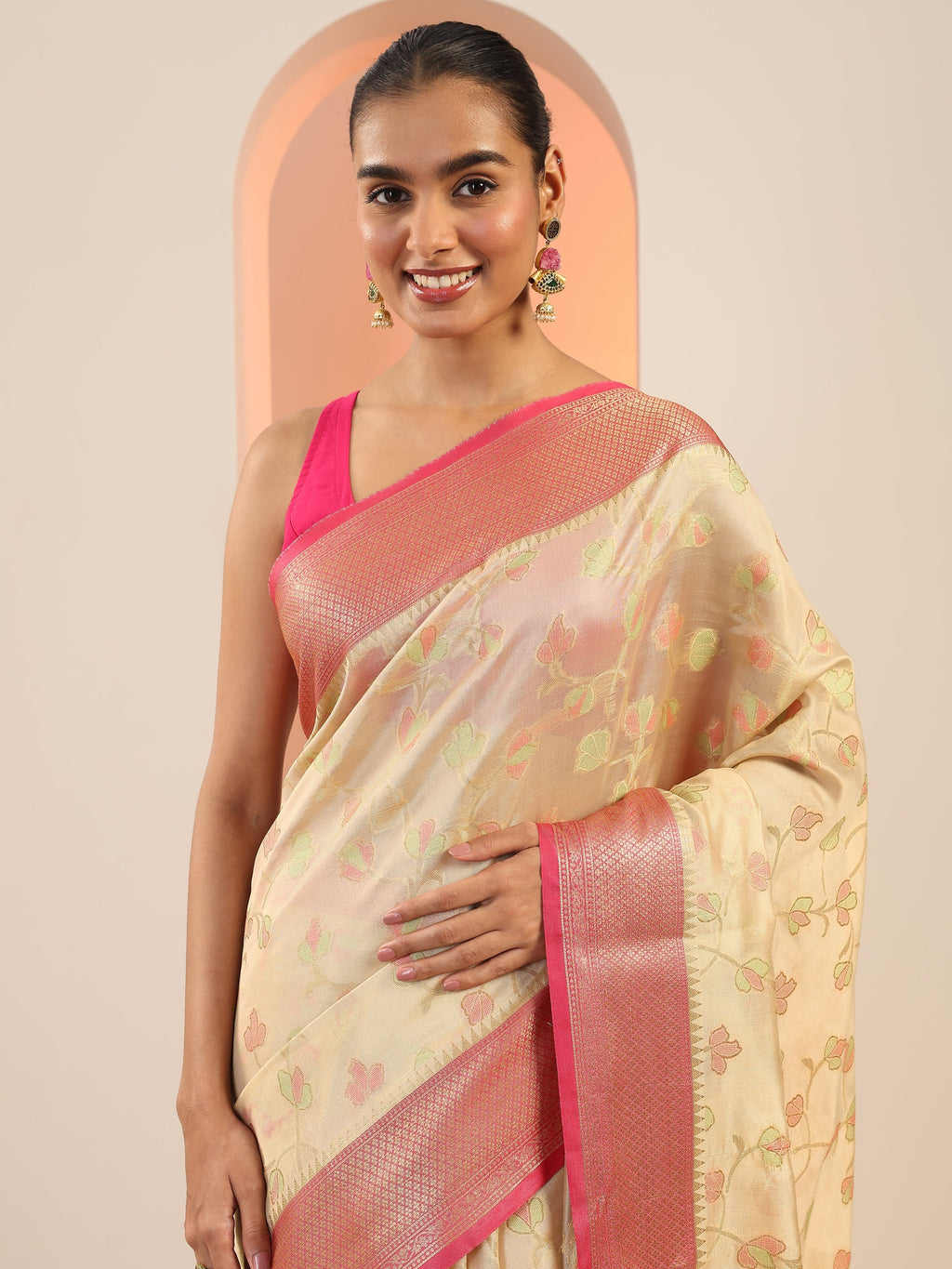 Beige Woven Design Banarasi Silk Saree With Unstitched Blouse Piece