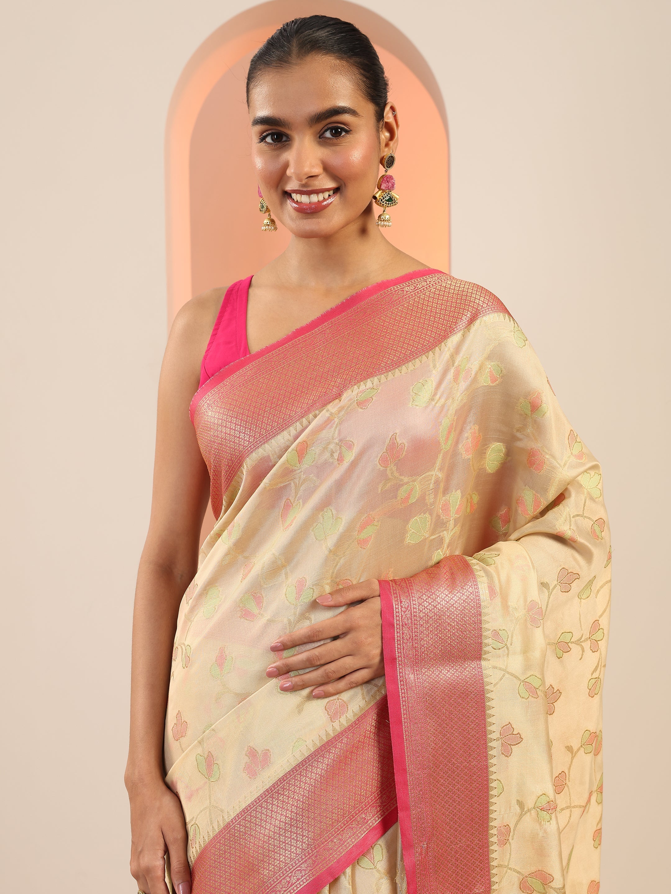 Beige Woven Design Banarasi Silk Saree With Unstitched Blouse Piece