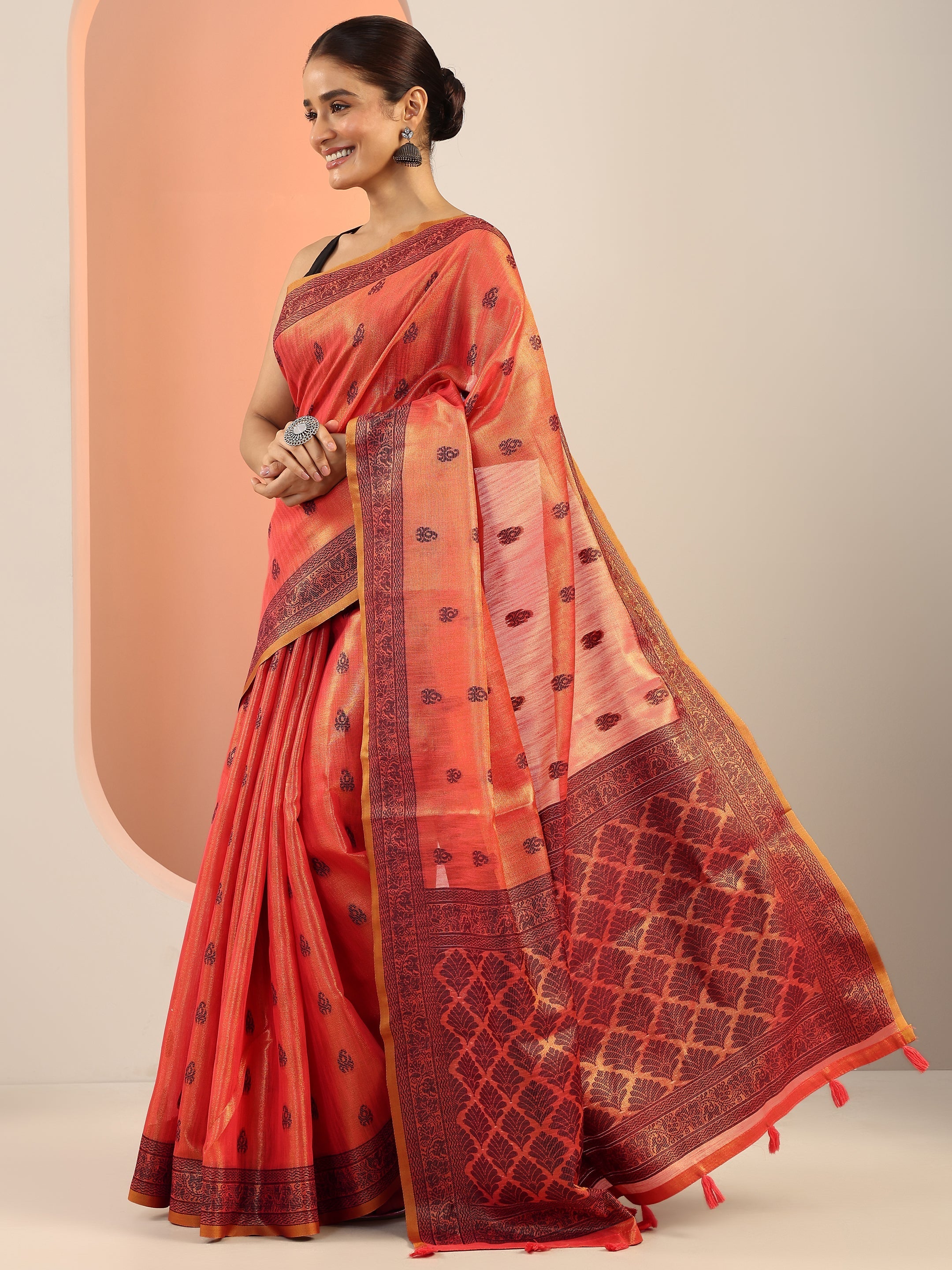 Peach Woven Design Silk Saree With Unstitched Blouse Piece