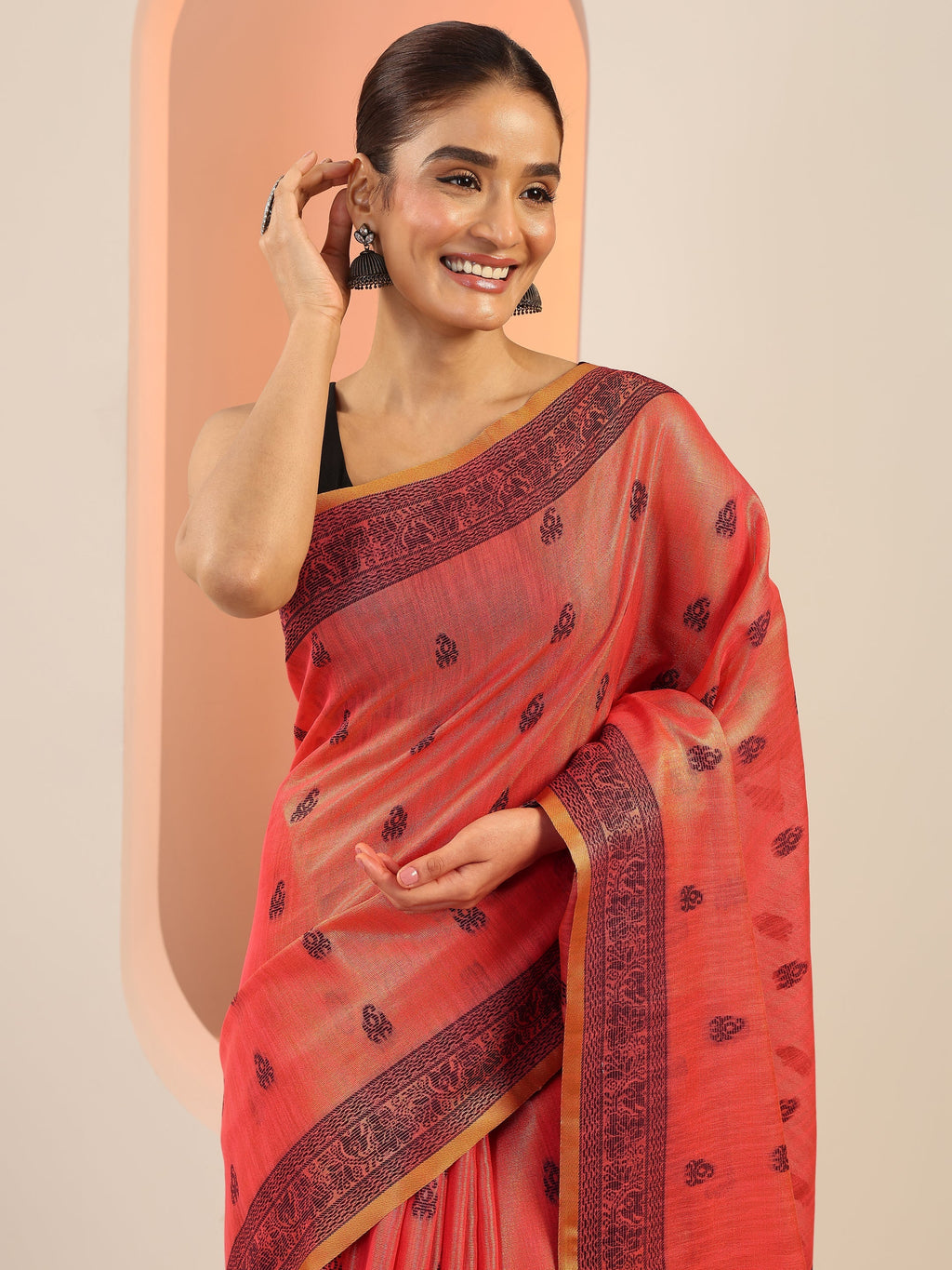 Peach Woven Design Silk Saree With Unstitched Blouse Piece