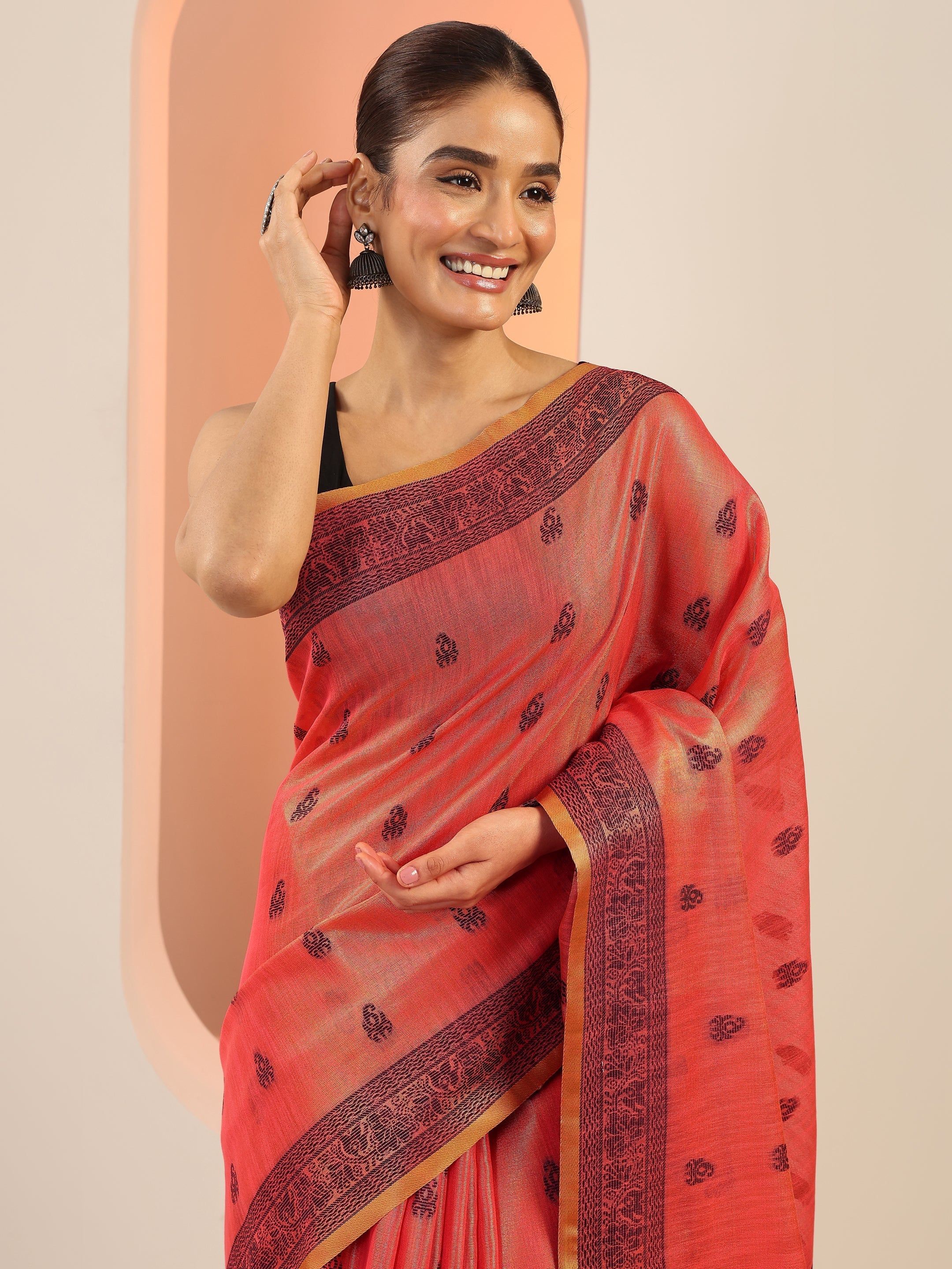 Peach Woven Design Silk Saree With Unstitched Blouse Piece