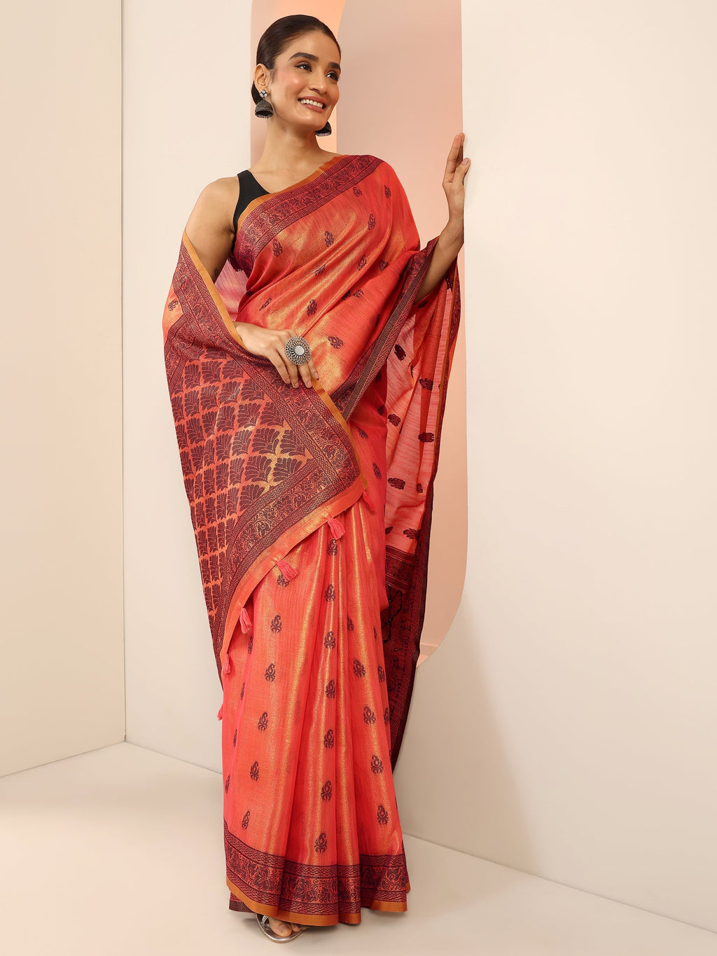 Peach Woven Design Silk Saree With Unstitched Blouse Piece