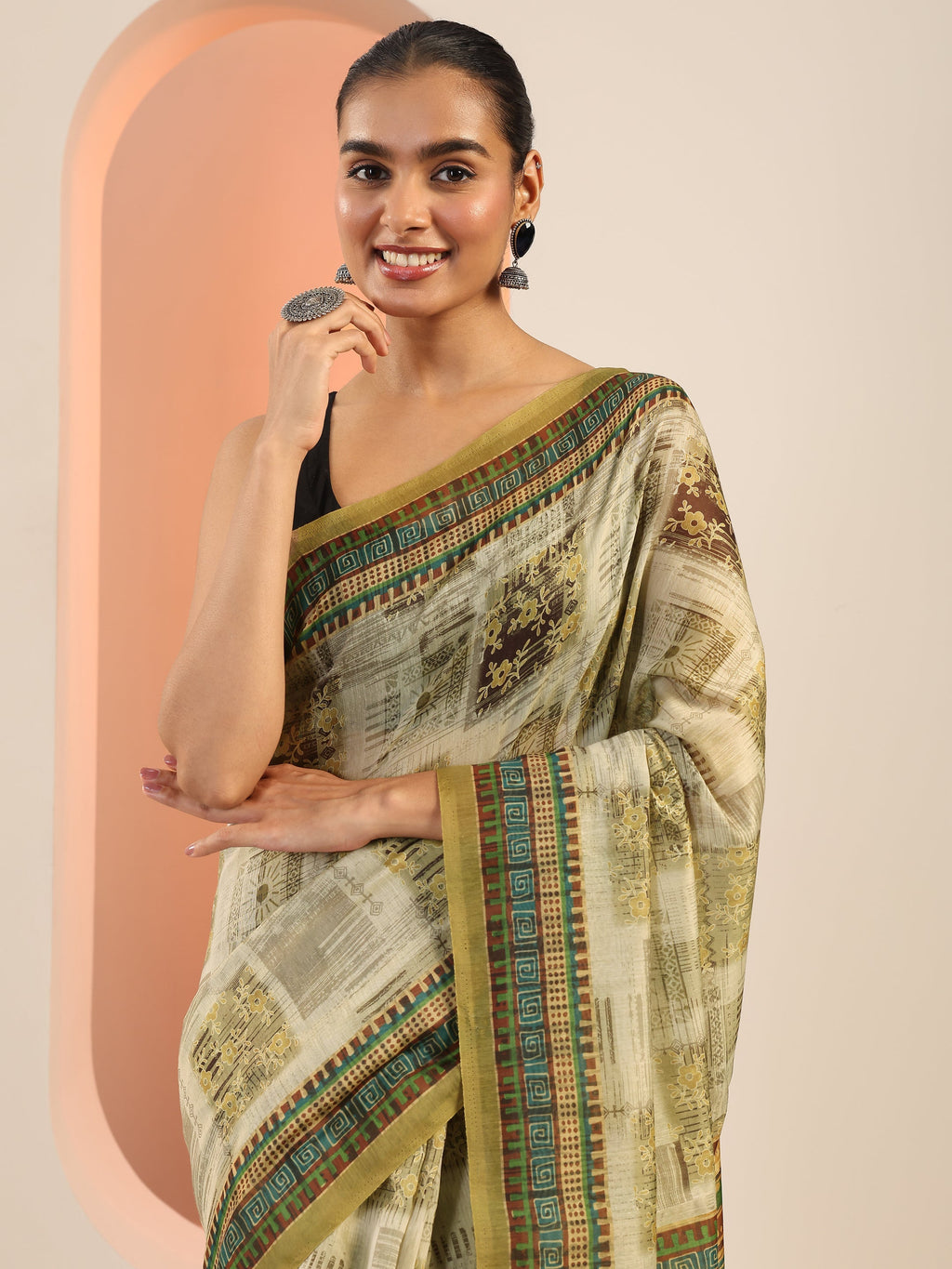 Olive Printed Silk Saree With Unstitched Blouse Piece