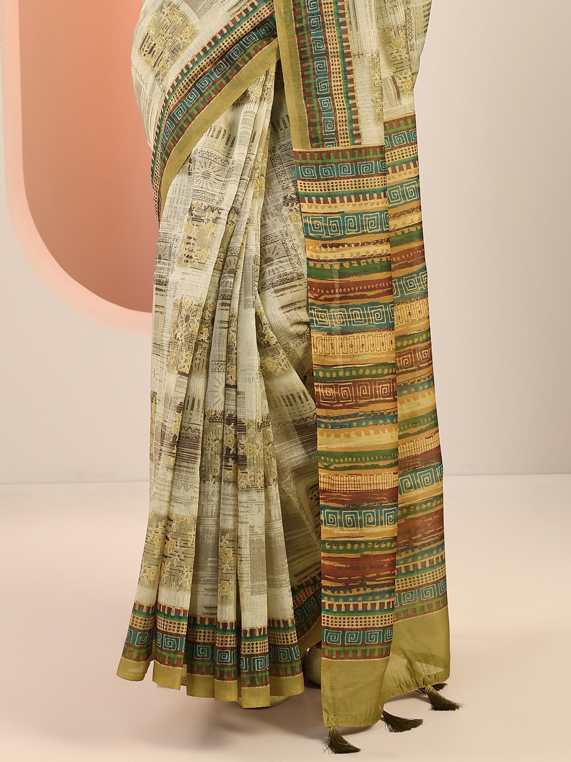 Olive Printed Silk Saree With Unstitched Blouse Piece