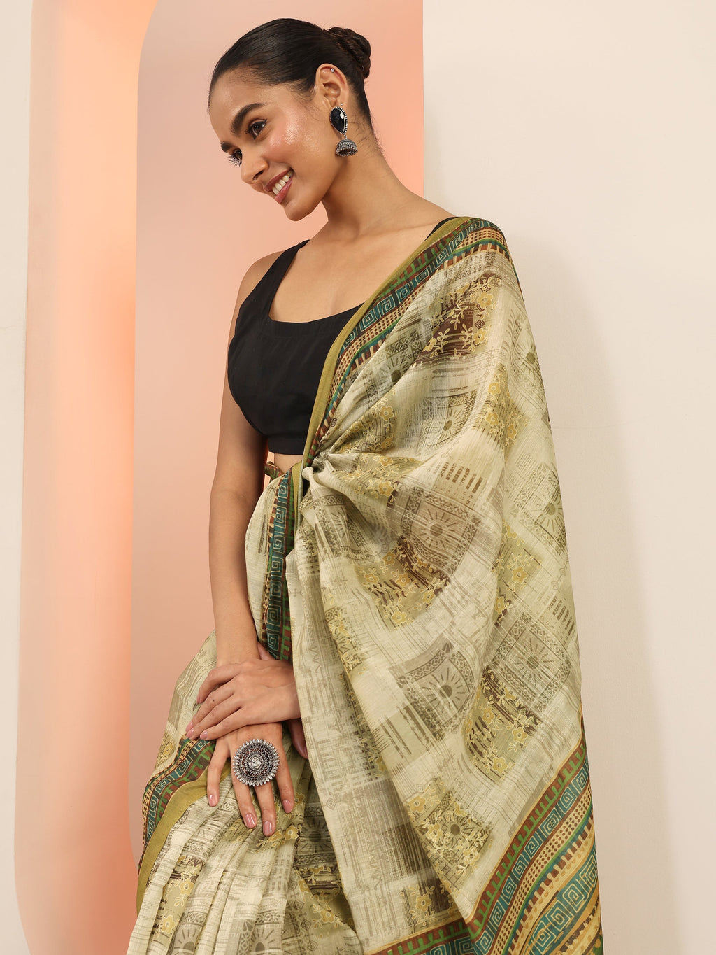 Olive Printed Silk Saree With Unstitched Blouse Piece