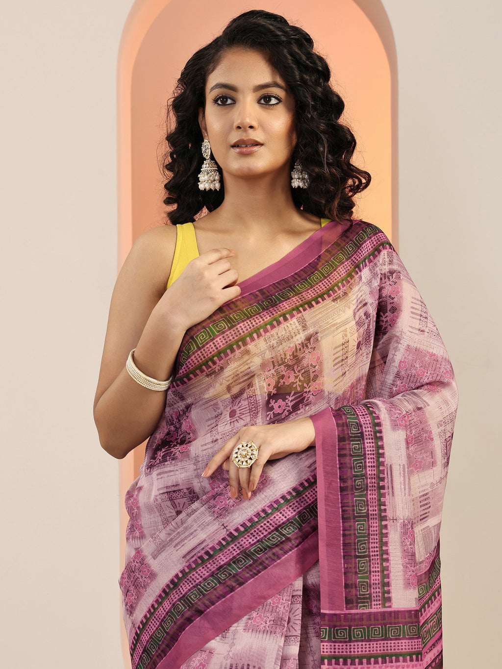 Mauve Printed Silk Blend Saree With Unstitched Blouse Piece