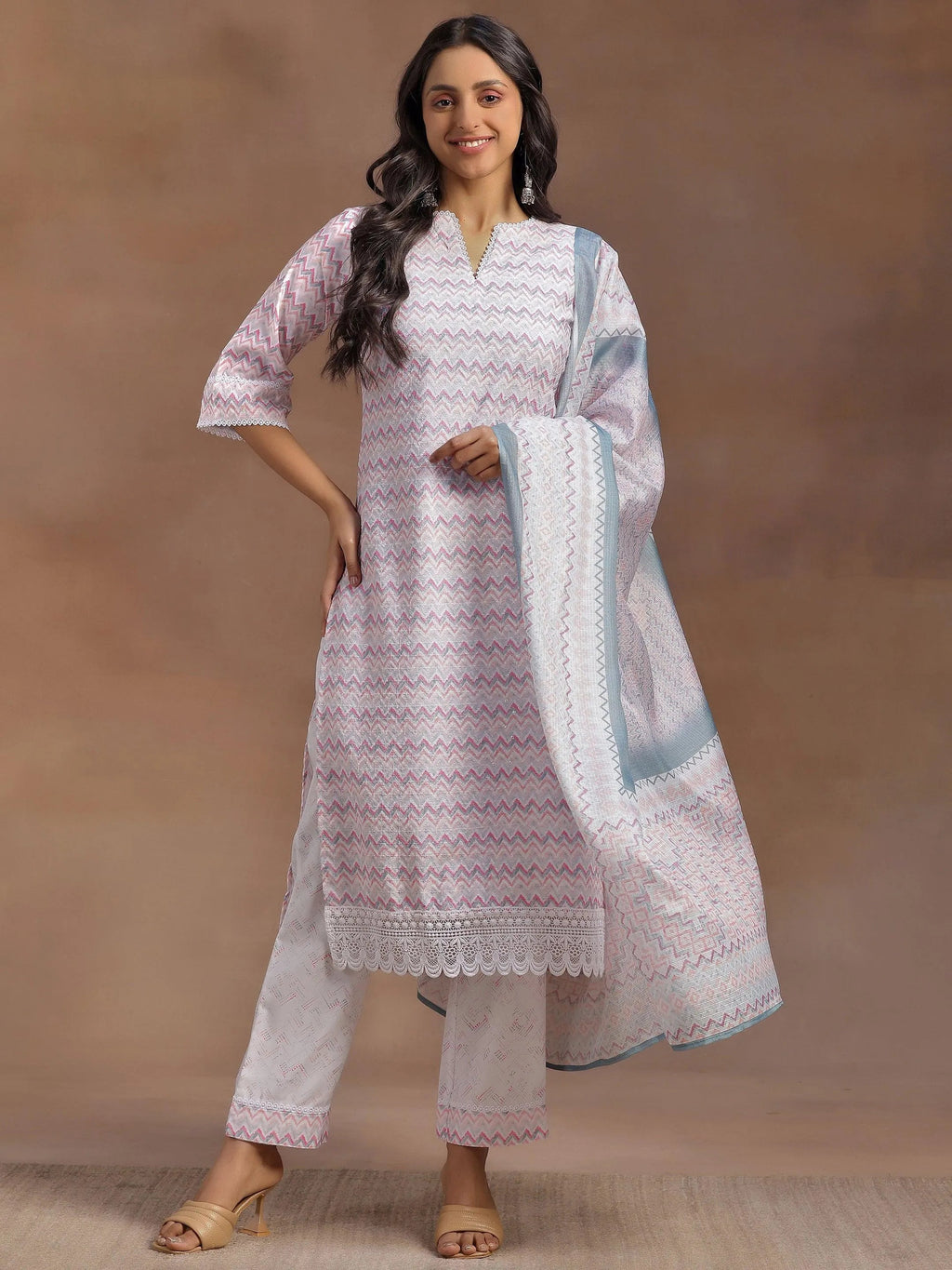 Pink Embroidered Cotton Blend Straight Suit With Dupatta
