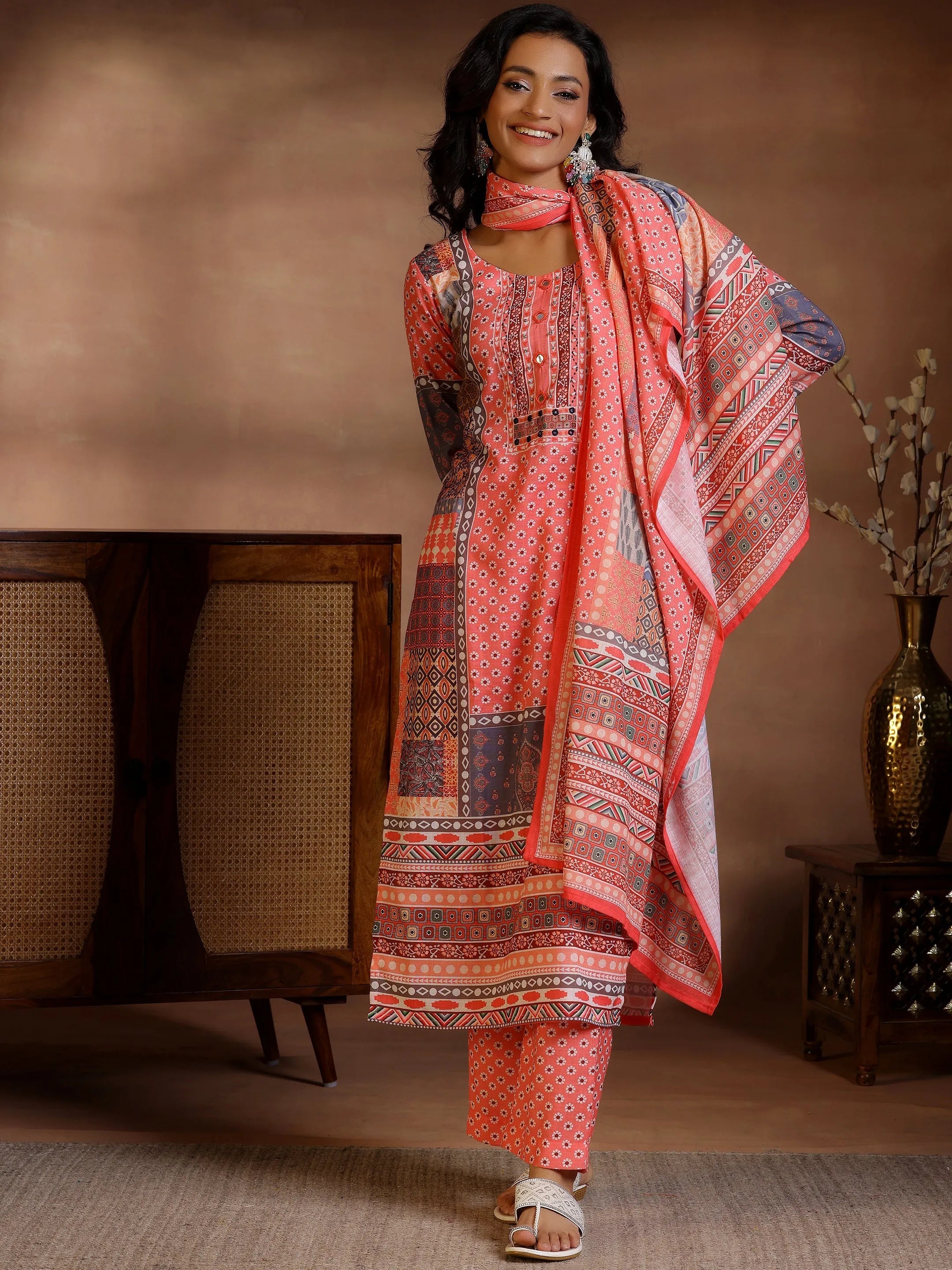 Multi Printed Linen Straight Suit With Dupatta