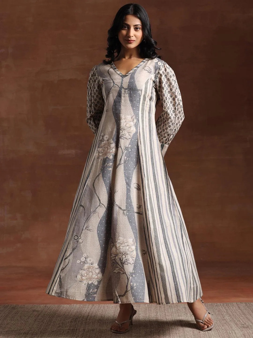 Off White Printed Cotton Blend A-Line Dress