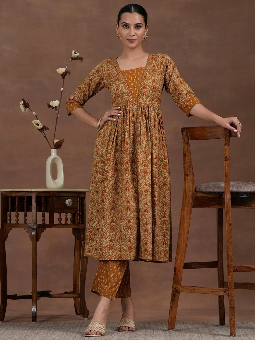 Mustard Printed Cotton A-Line Kurta With Palazzos