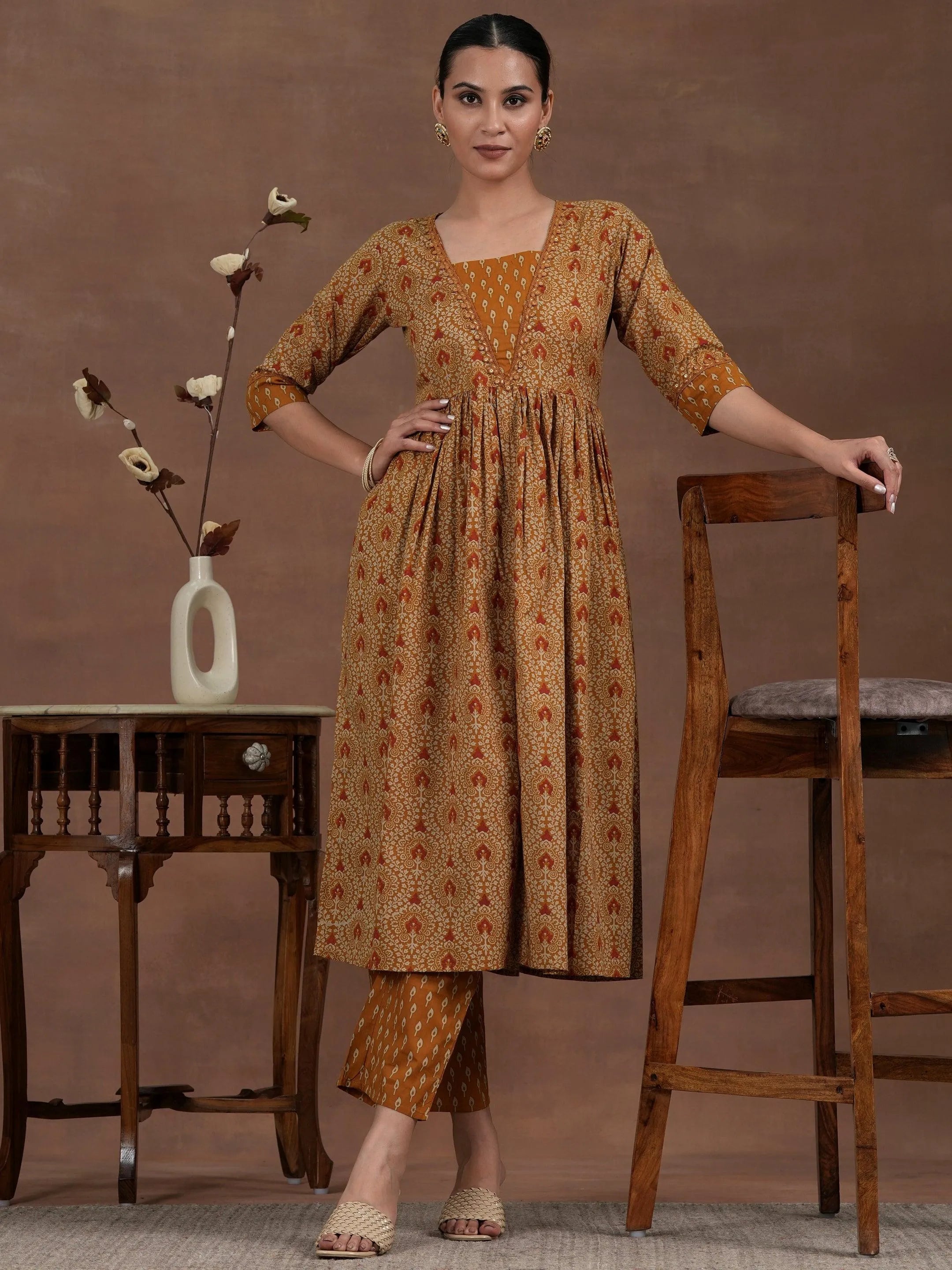Mustard Printed Cotton A-Line Kurta With Palazzos