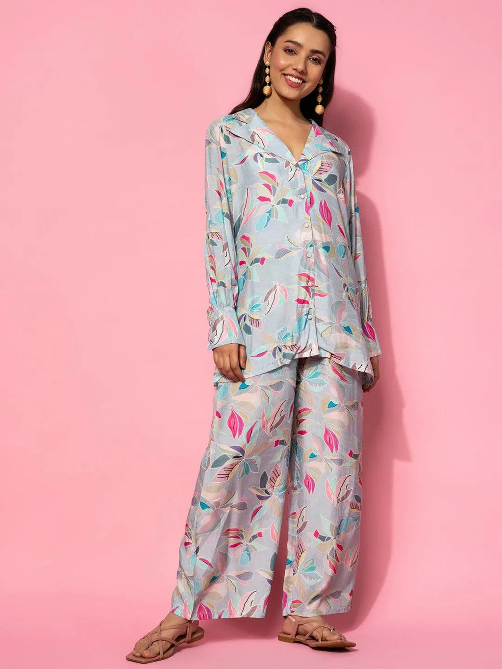 Grey Printed Silk Blend Co-Ords