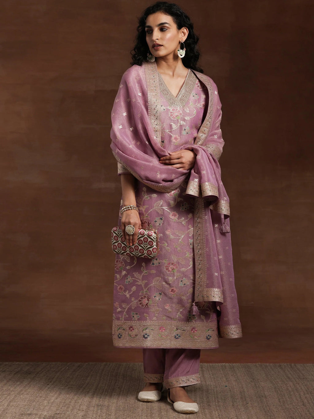 Mauve Woven Design Silk Blend Straight Kurta With Trousers & Dupatta