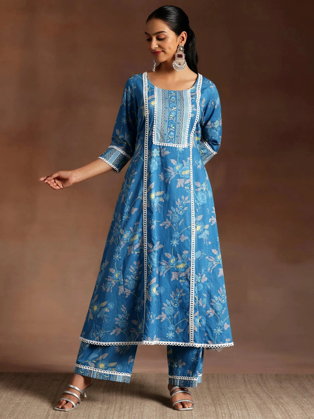 Blue Printed Cotton A-Line Kurta With Palazzos