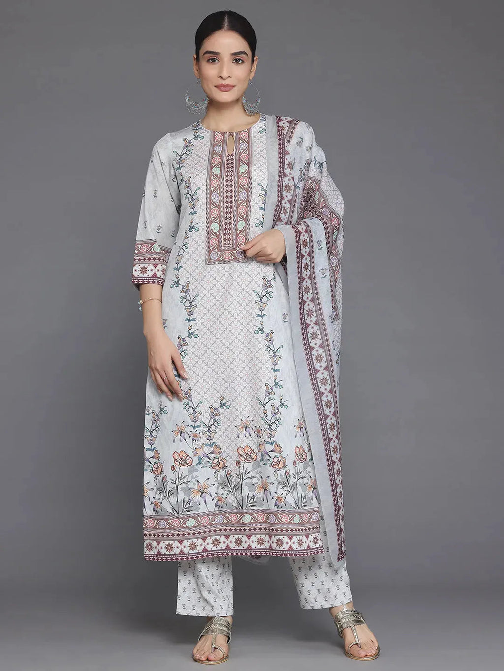 Grey Printed Poly Crepe Straight Suit With Dupatta