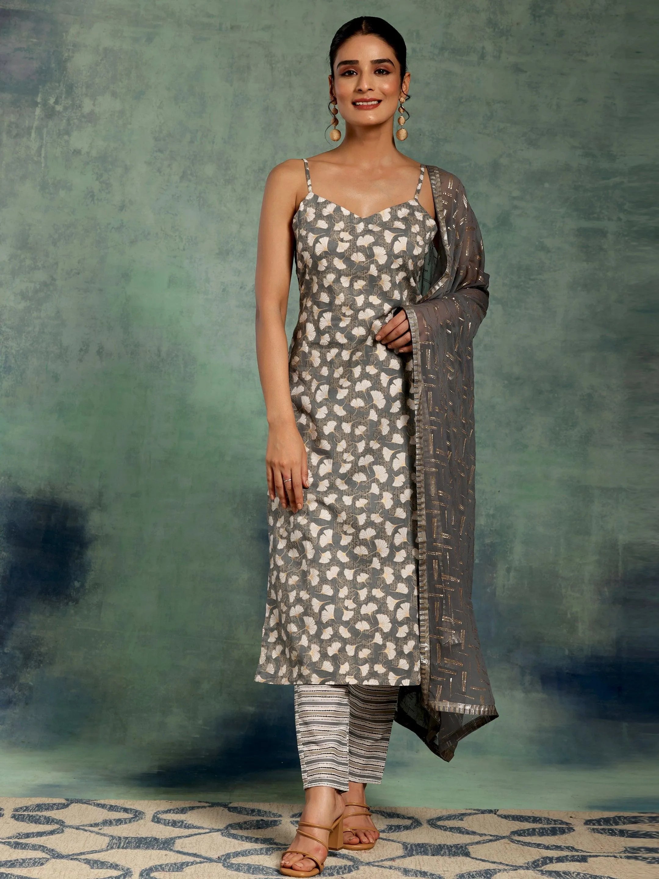 Grey Printed Cotton Straight Suit With Dupatta